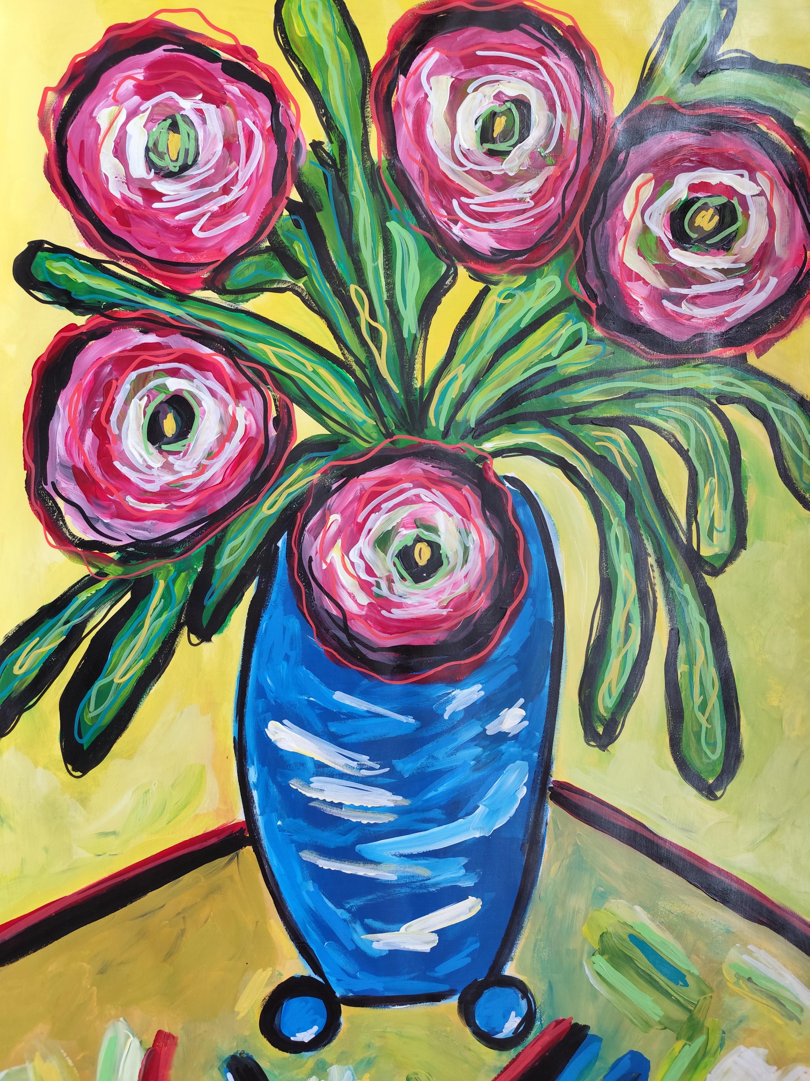 Contemporary original still life painting vase bouquet 
