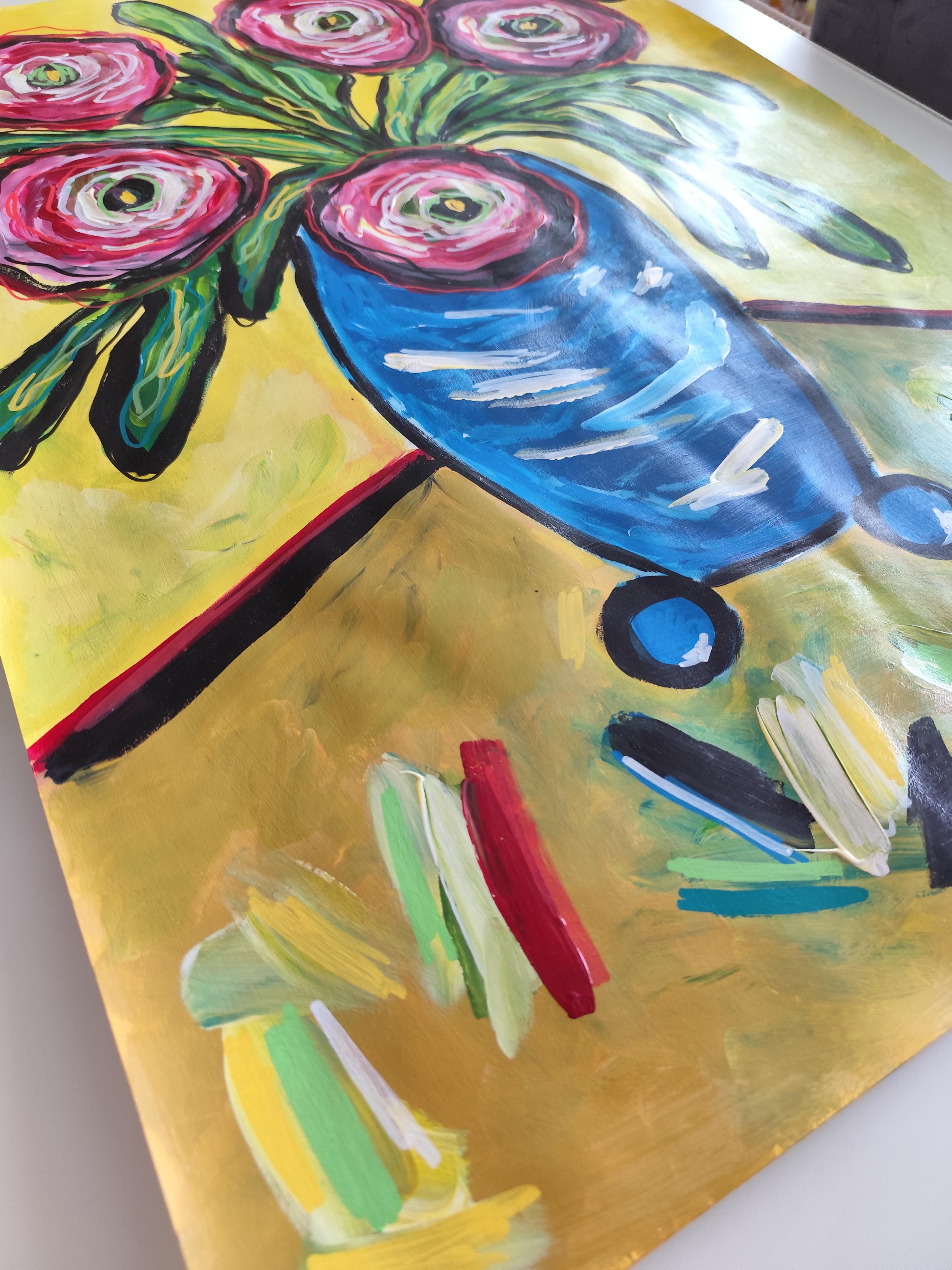 Contemporary original still life painting vase bouquet 