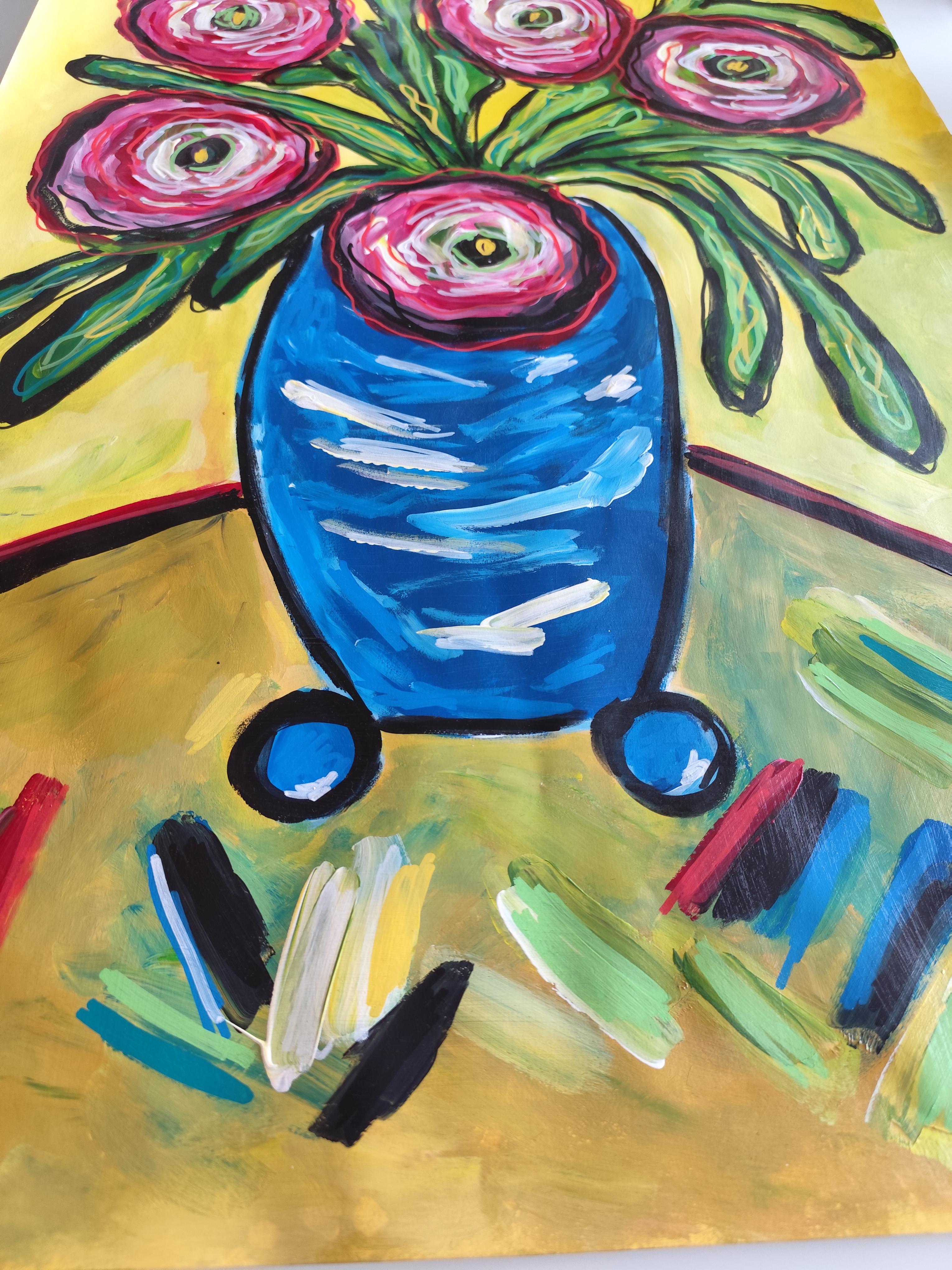 Contemporary original still life painting vase bouquet 