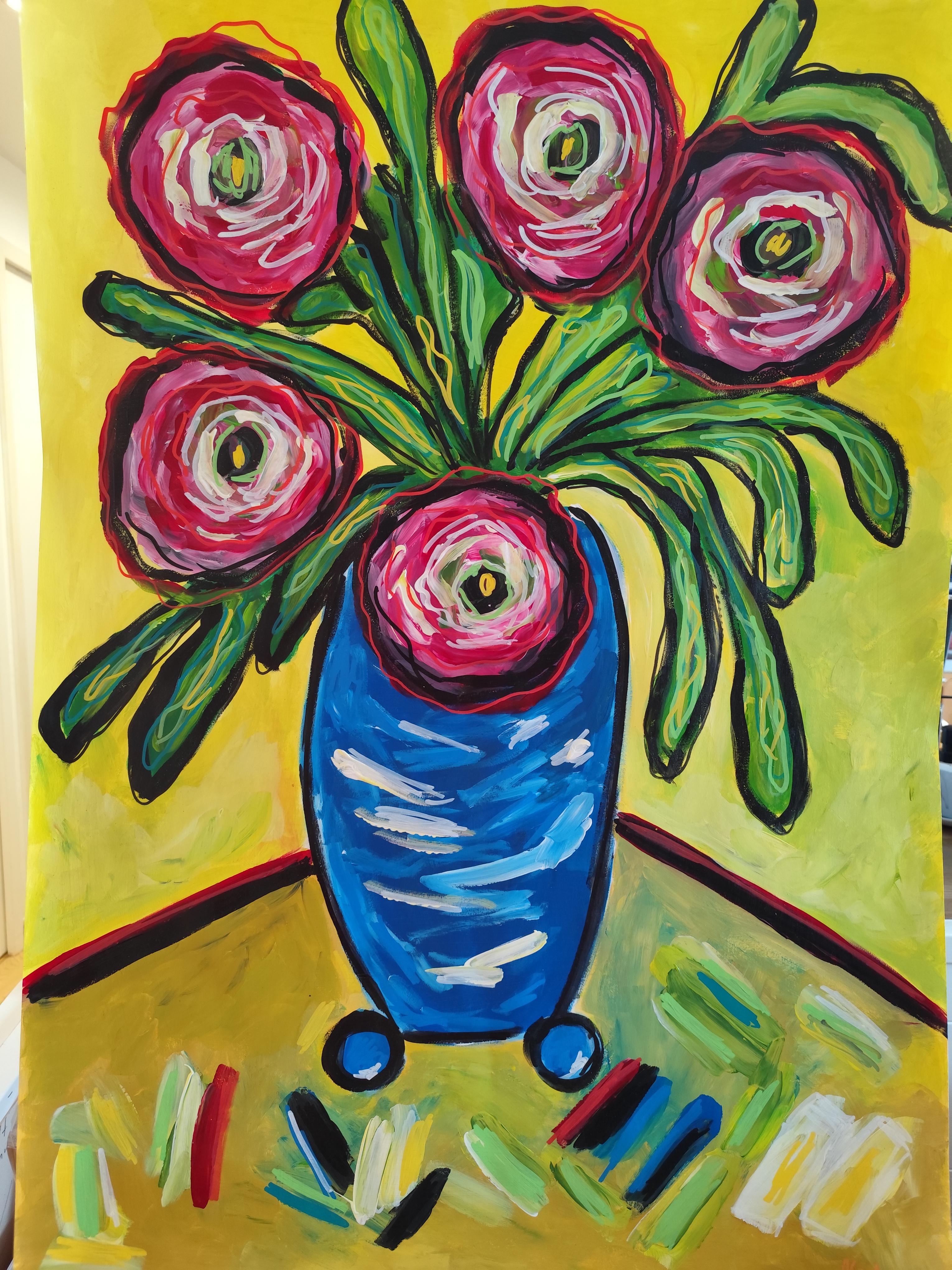 Contemporary original still life painting vase bouquet 