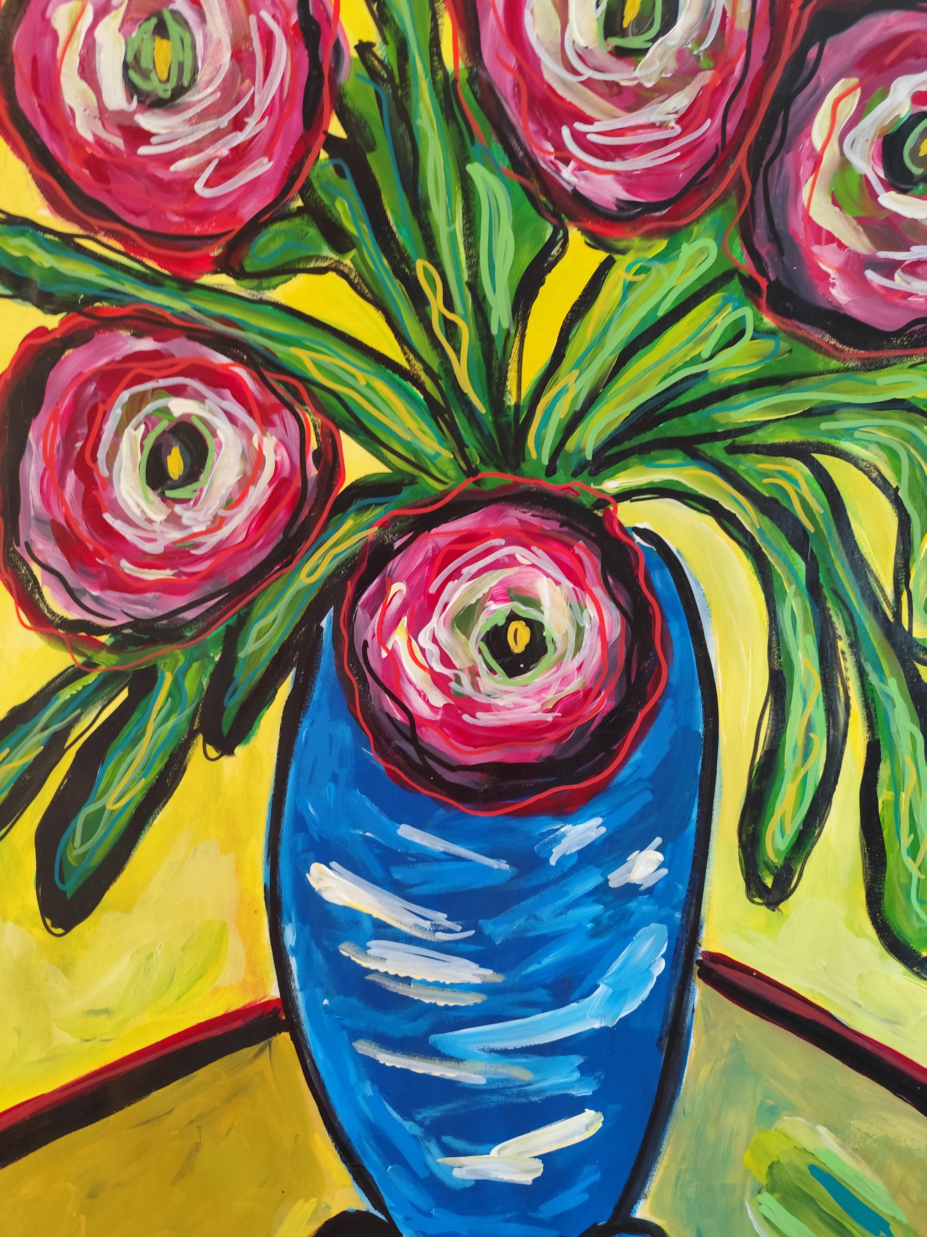 Contemporary original still life painting vase bouquet 