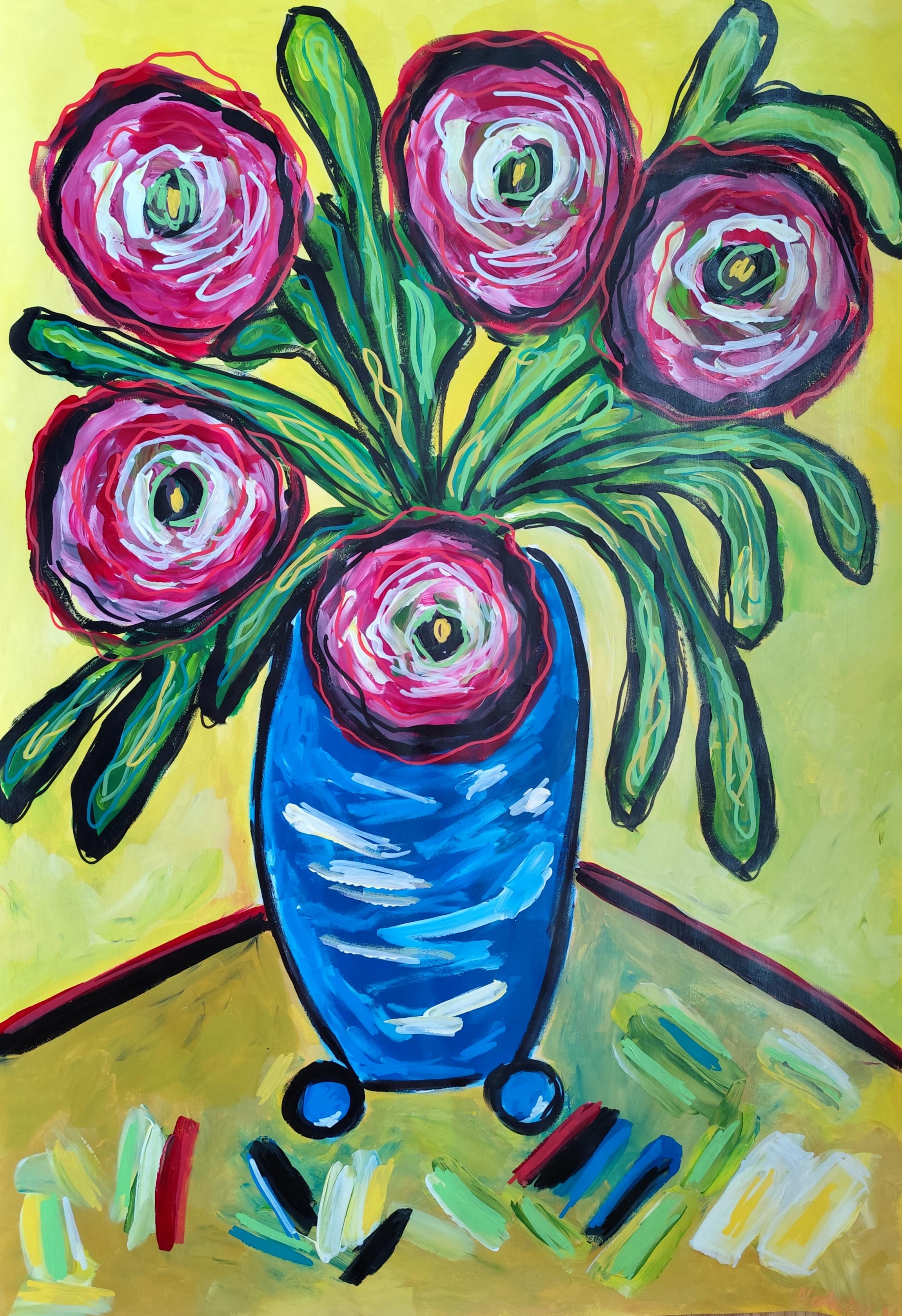 Mougenot Natalya Still-Life Painting - Contemporary original still life painting vase bouquet "Chromatic dialogue"