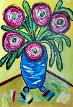 Peinture contemporaine originale nature morte vase bouquet "Dialogue chromatique"