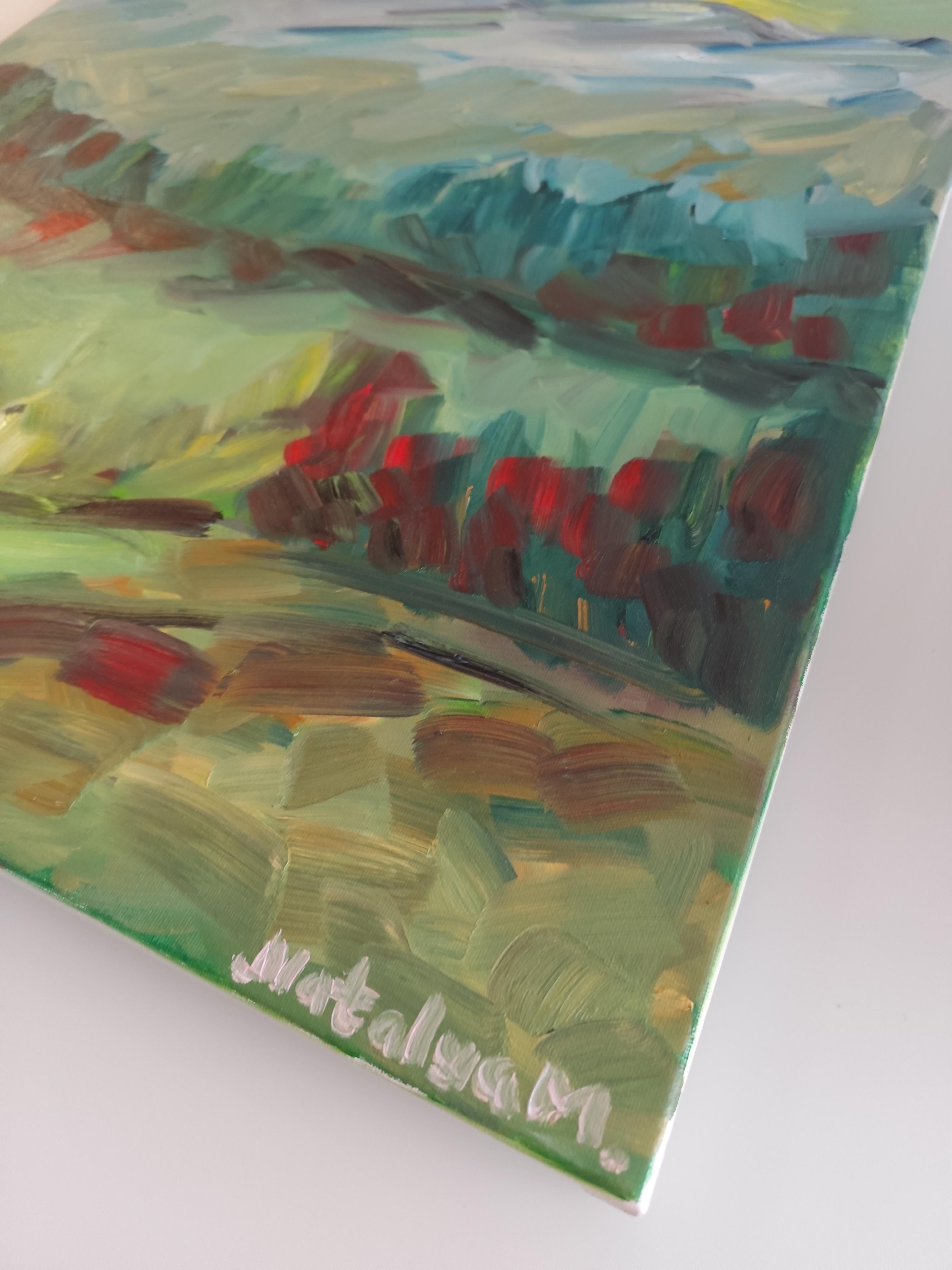 Peinture à l'huile sur toile contemporaine semi-abstraite de nature et de paysage de montagne en vente 5