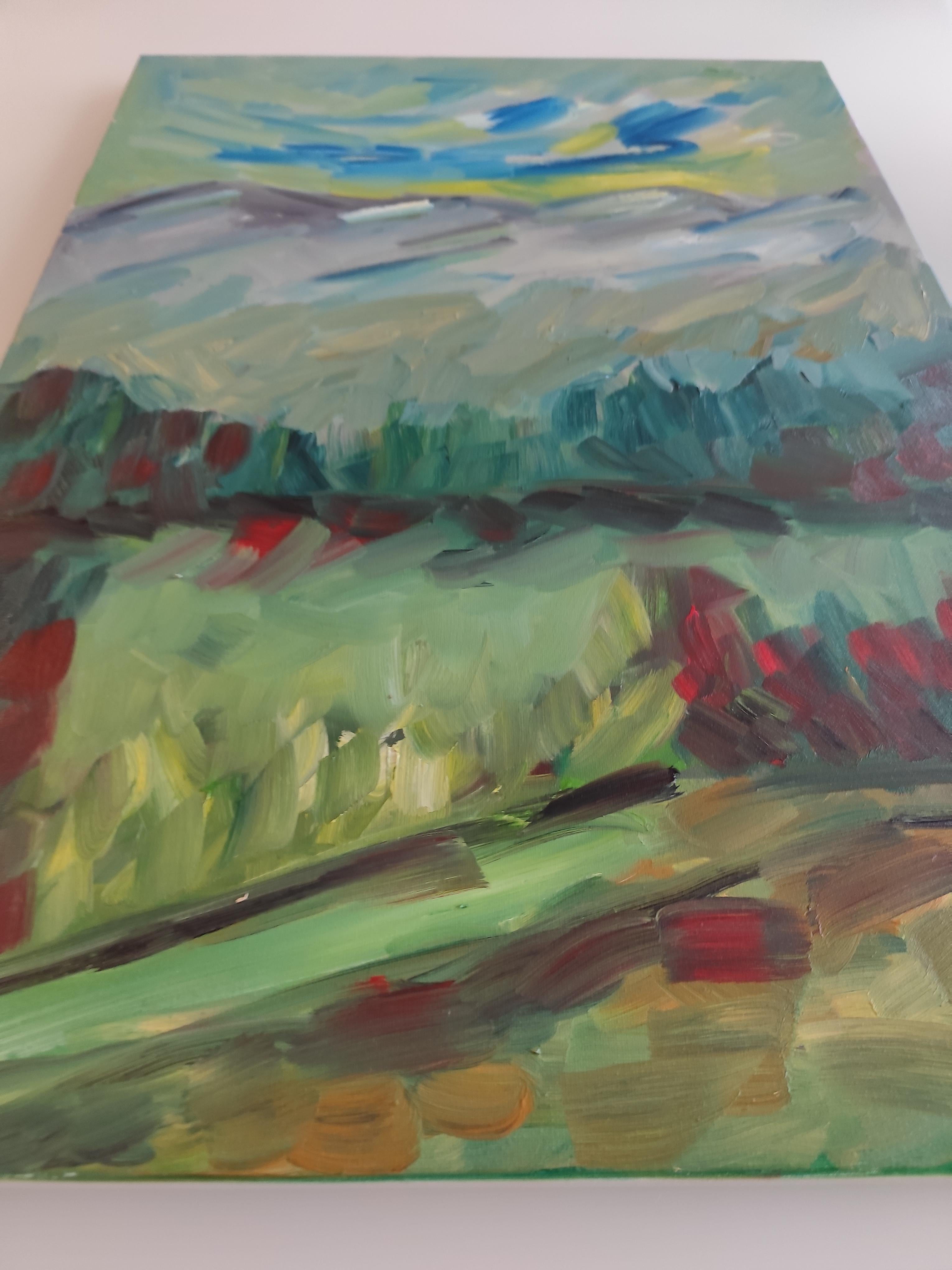 Peinture à l'huile sur toile contemporaine semi-abstraite de nature et de paysage de montagne en vente 15