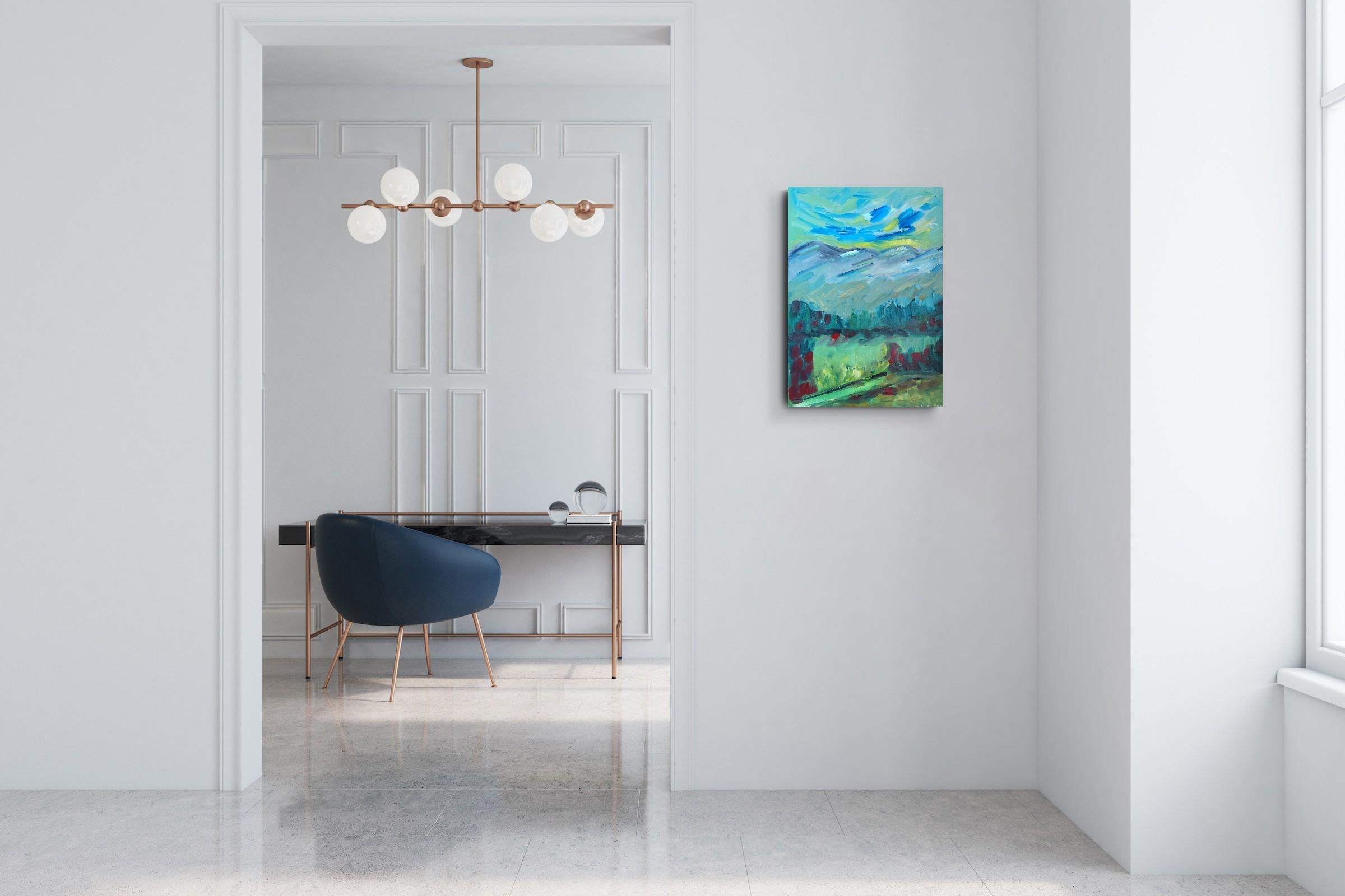 Peinture à l'huile sur toile contemporaine semi-abstraite de nature et de paysage de montagne - Bleu Landscape Painting par Mougenot Natalya