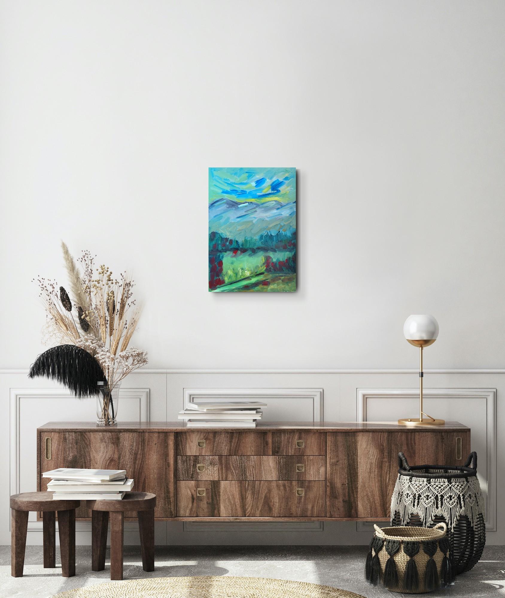 Peinture à l'huile sur toile contemporaine semi-abstraite de nature et de paysage de montagne en vente 1