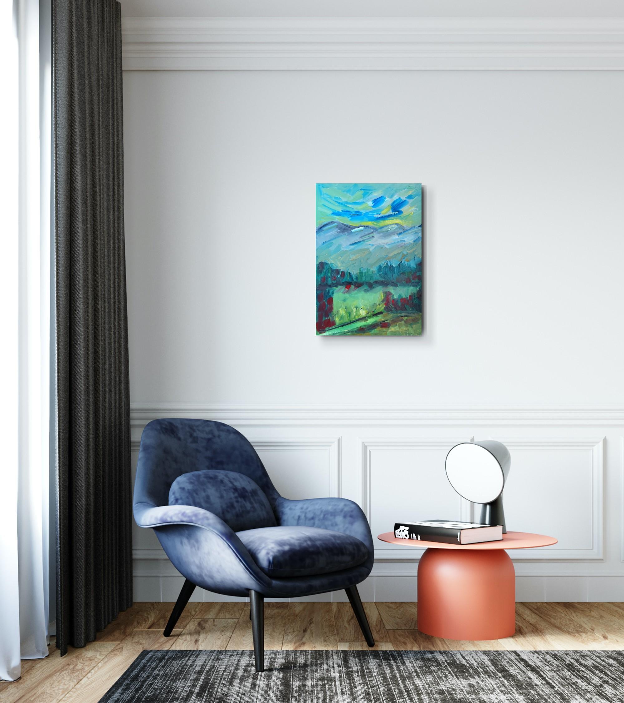 Peinture à l'huile sur toile contemporaine semi-abstraite de nature et de paysage de montagne en vente 3