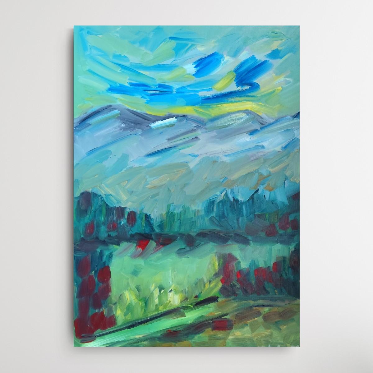 Peinture à l'huile sur toile contemporaine semi-abstraite de nature et de paysage de montagne en vente 4