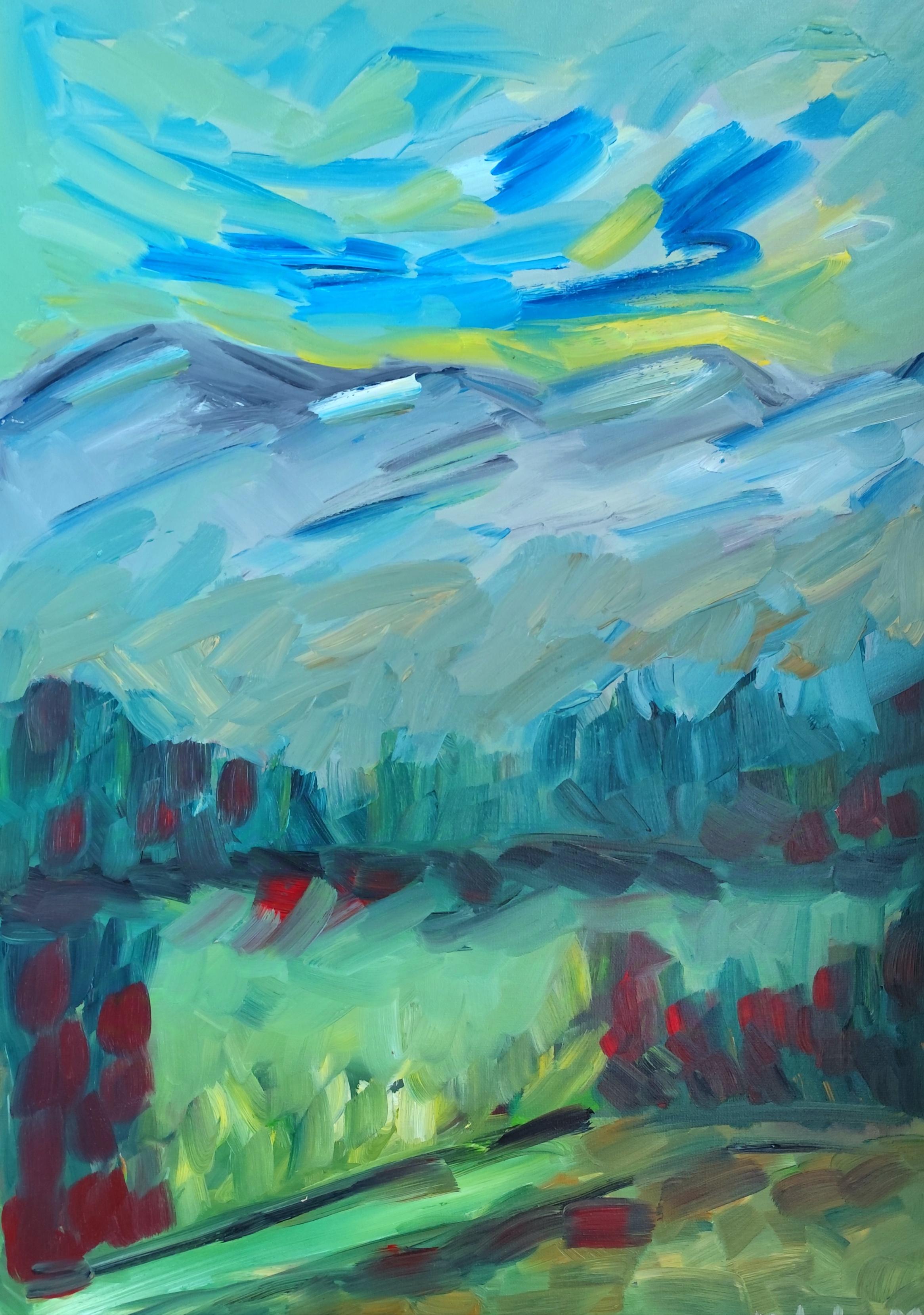 Landscape Painting Mougenot Natalya - Peinture à l'huile sur toile contemporaine semi-abstraite de nature et de paysage de montagne