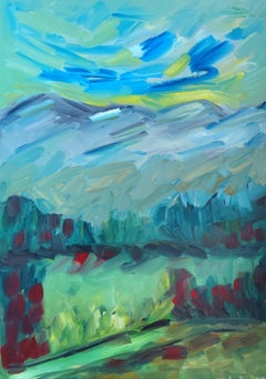 Pintura al óleo contemporánea semiabstracta naturaleza montañas paisaje sobre lienzo