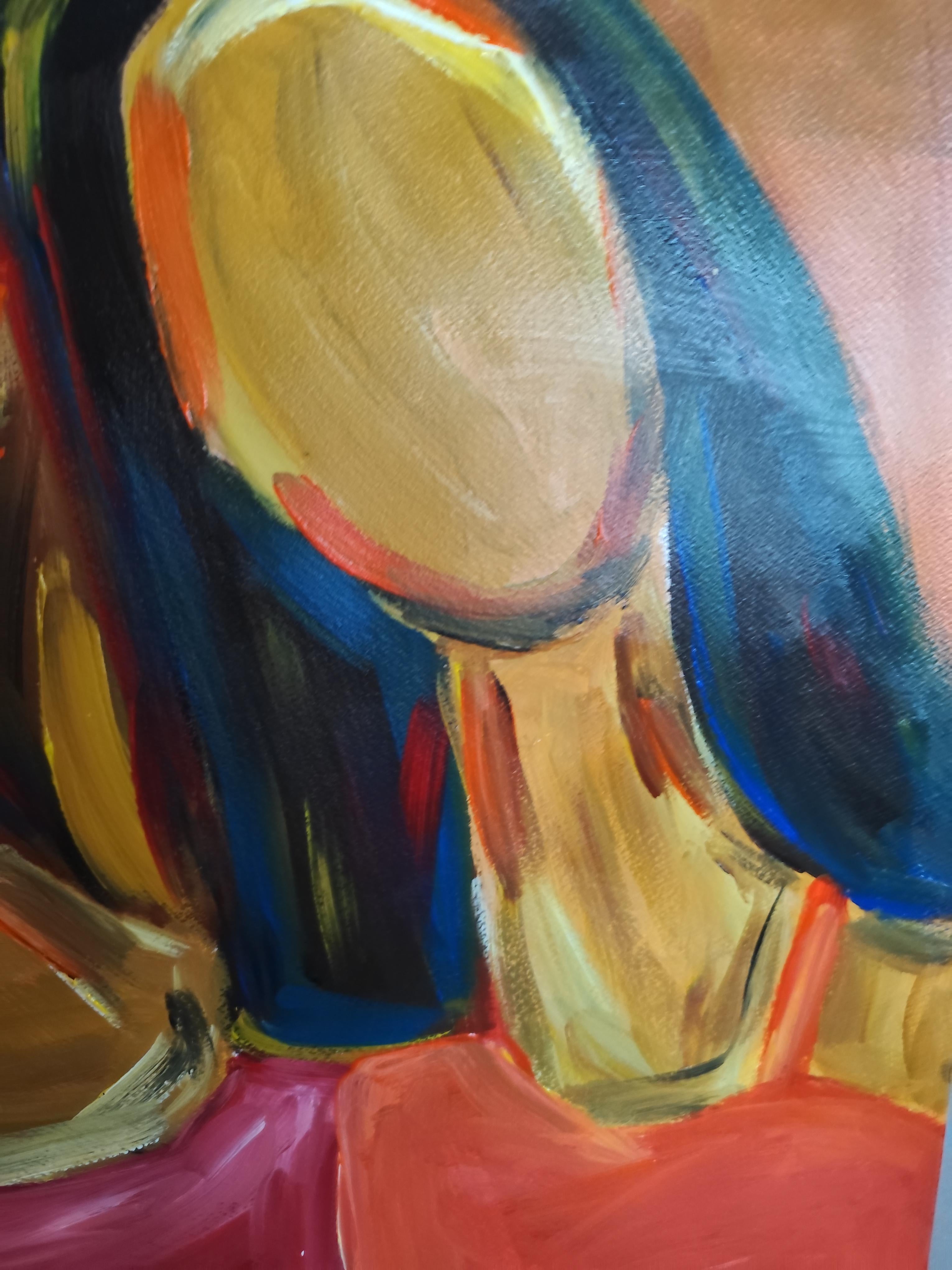 Retrato contemporáneo semiabstracto de mujer pintura acrílica sobre papel en venta 5