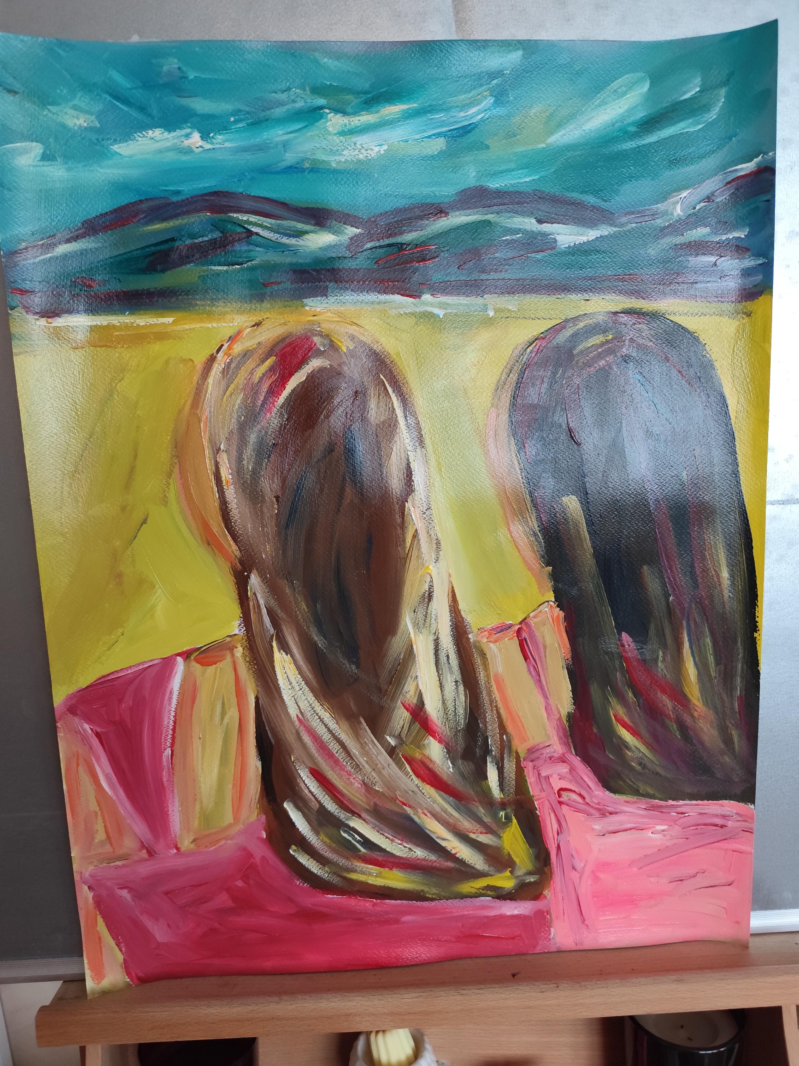 Contemporary semi-abstract portrait of women acrylic painting on paper For Sale 5