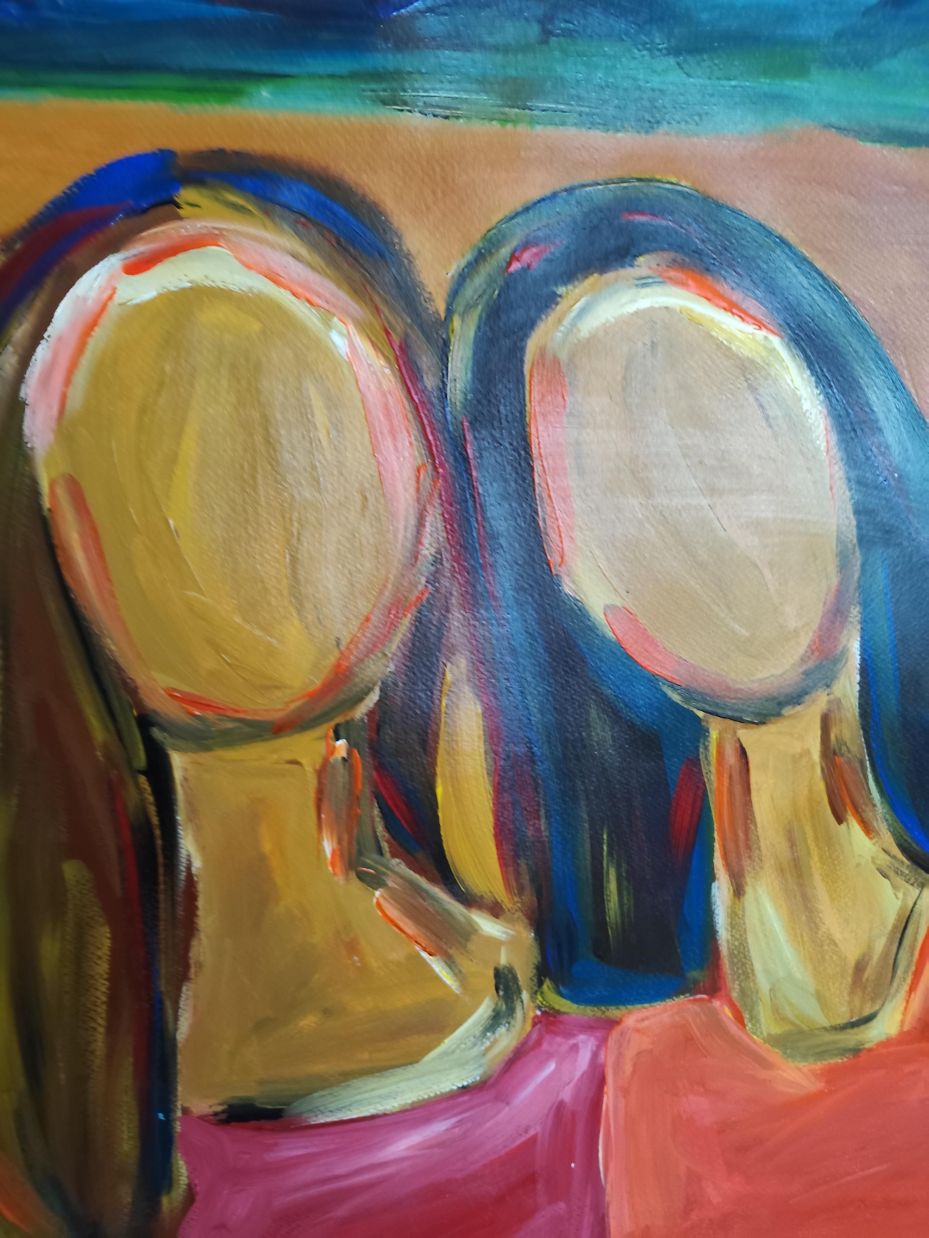 Retrato contemporáneo semiabstracto de mujer pintura acrílica sobre papel en venta 7