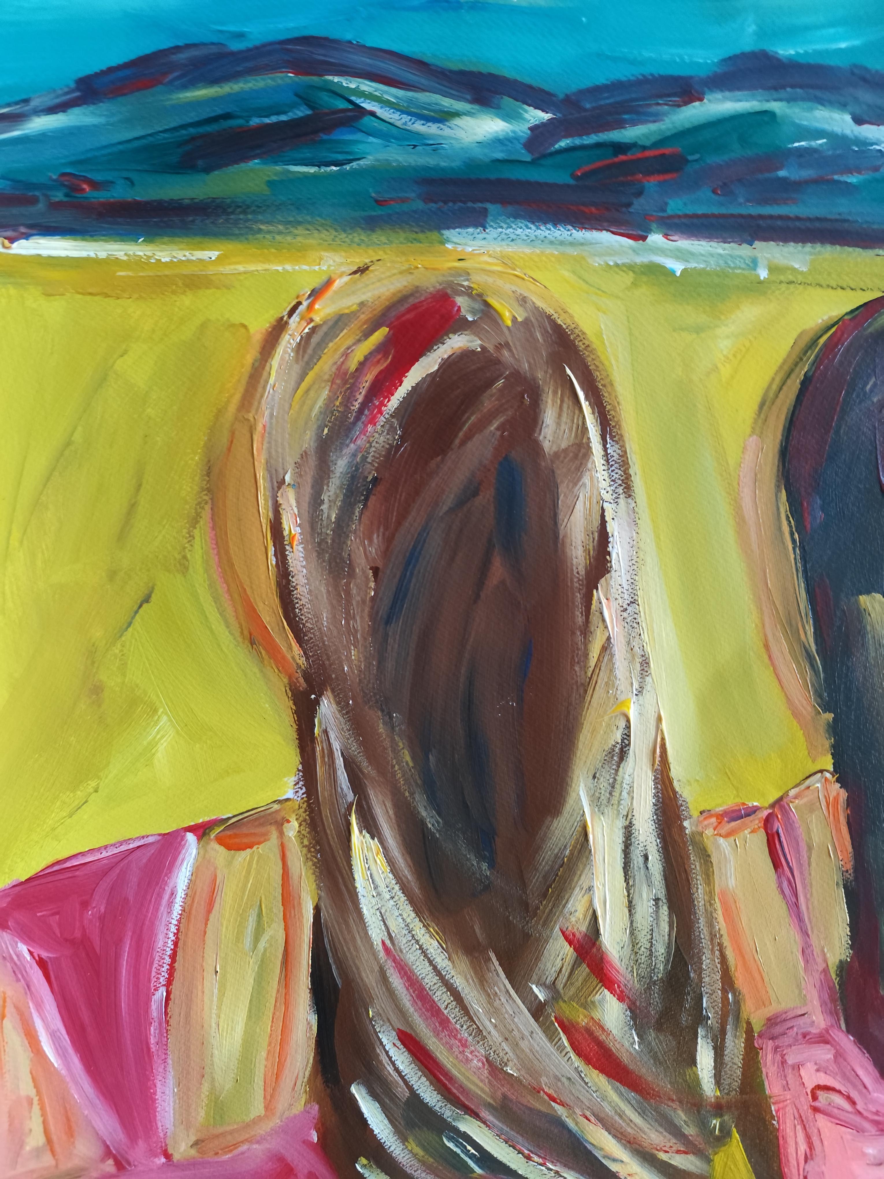 Contemporary semi-abstract portrait of women acrylic painting on paper For Sale 7