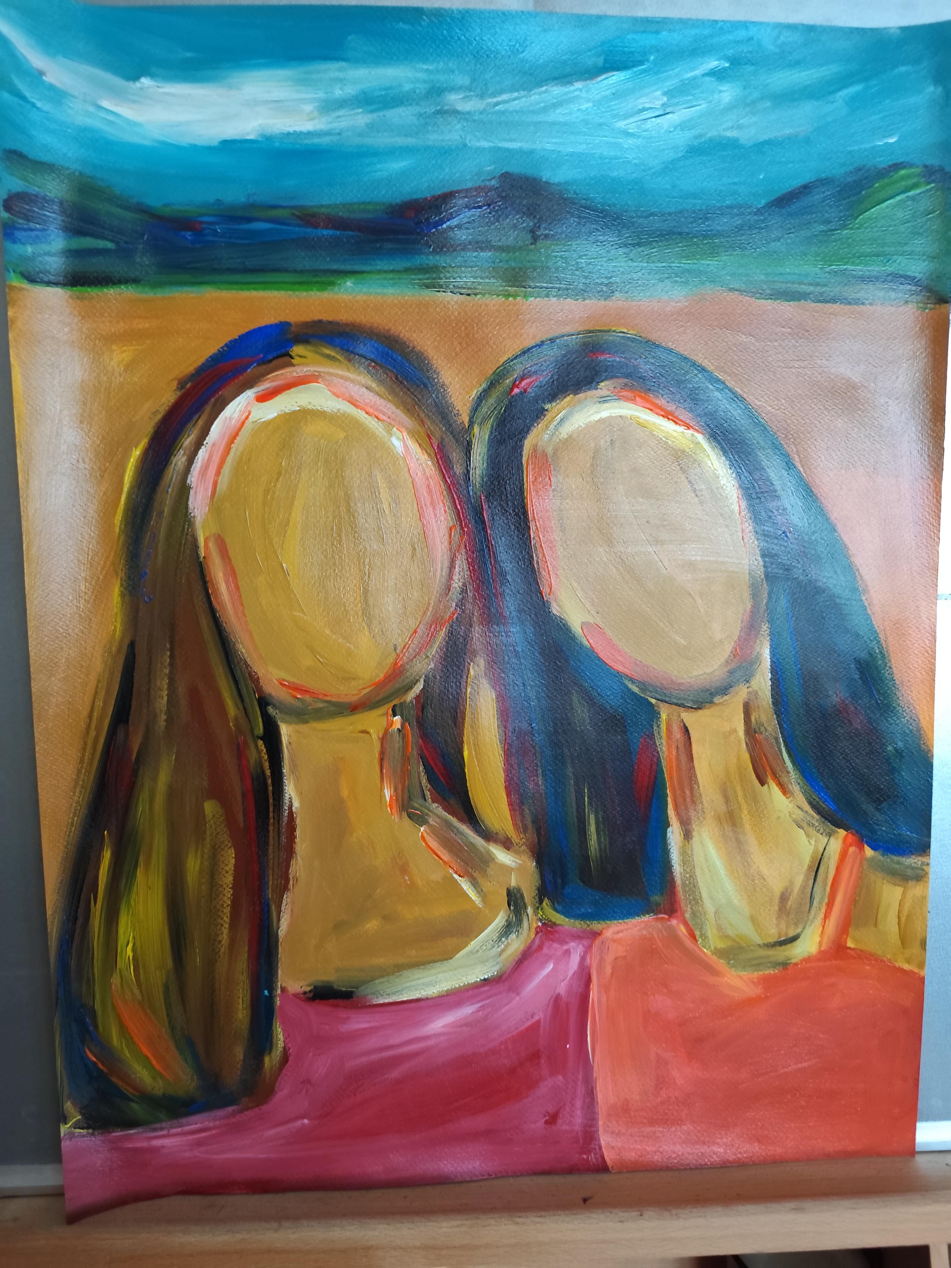 Retrato contemporáneo semiabstracto de mujer pintura acrílica sobre papel en venta 8