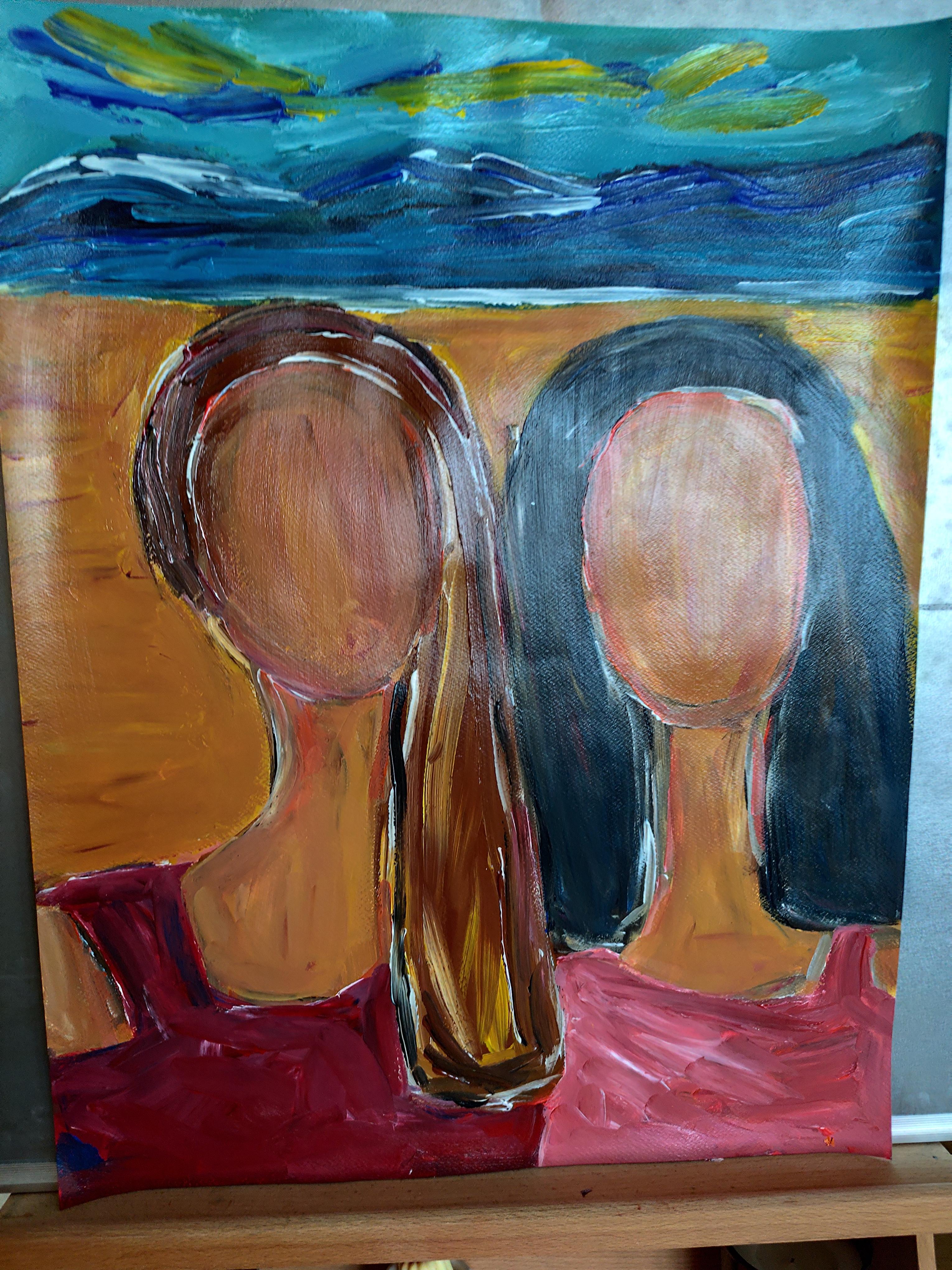 Retrato contemporáneo semiabstracto de mujer pintura acrílica sobre papel en venta 9