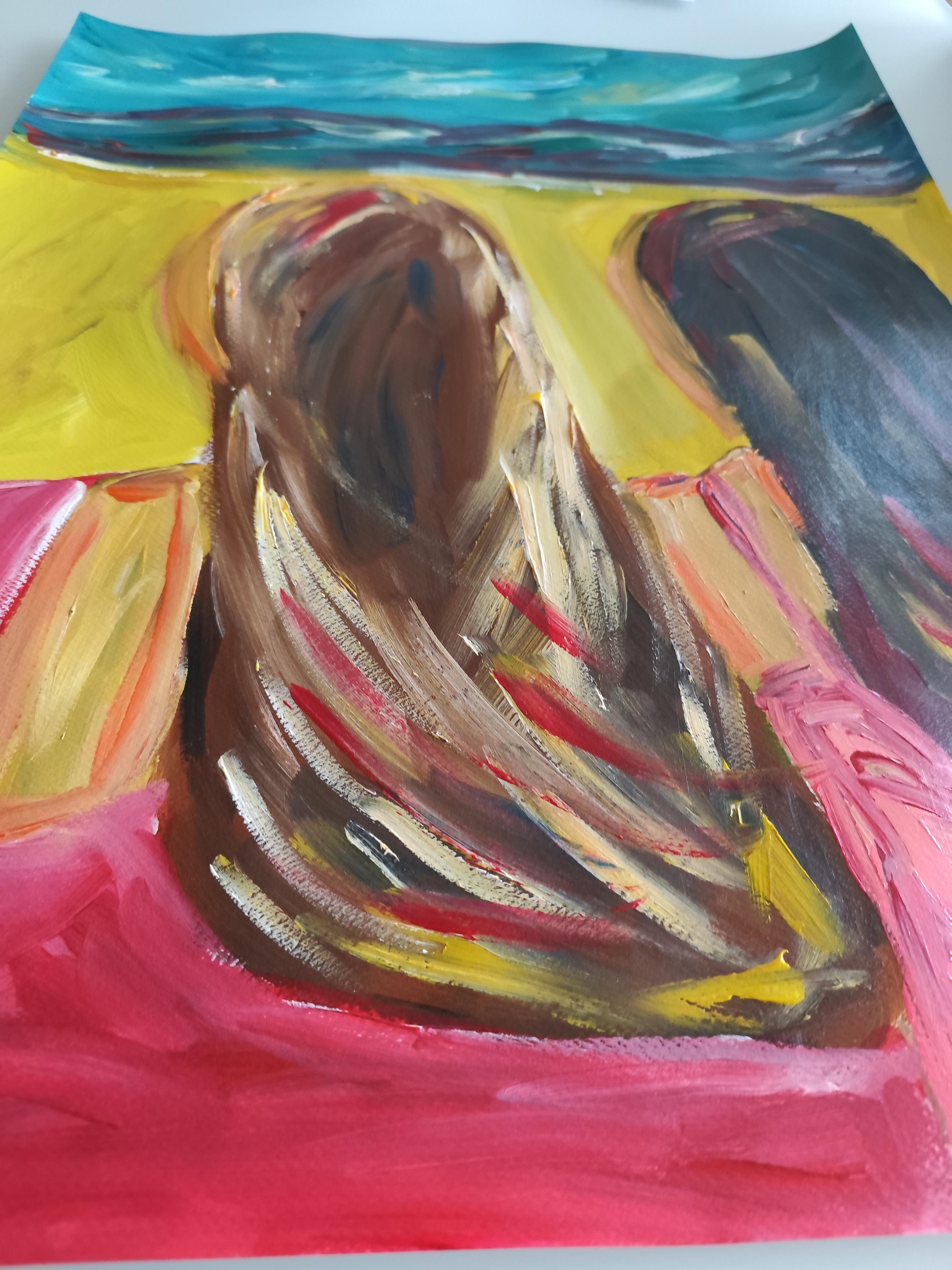 Contemporary semi-abstract portrait of women acrylic painting on paper For Sale 11