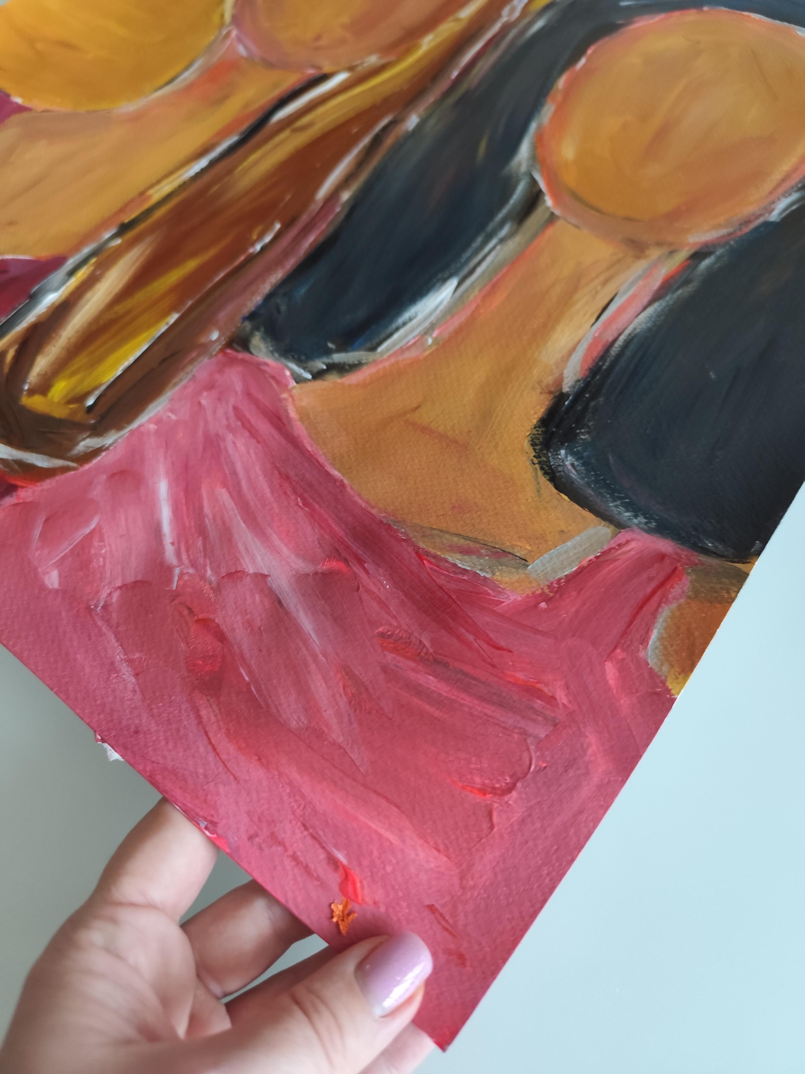 Retrato contemporáneo semiabstracto de mujer pintura acrílica sobre papel en venta 12
