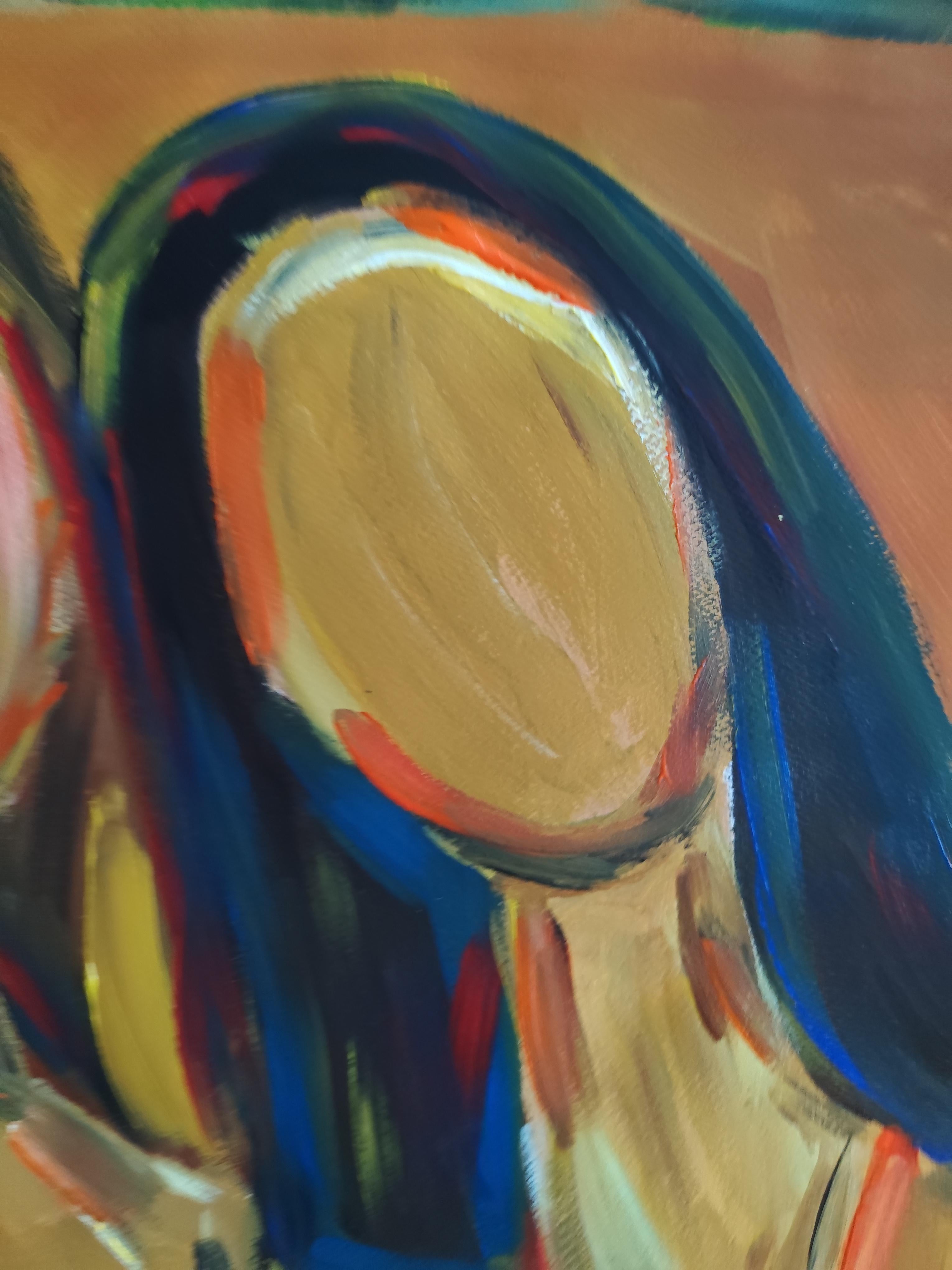 Retrato contemporáneo semiabstracto de mujer pintura acrílica sobre papel en venta 13