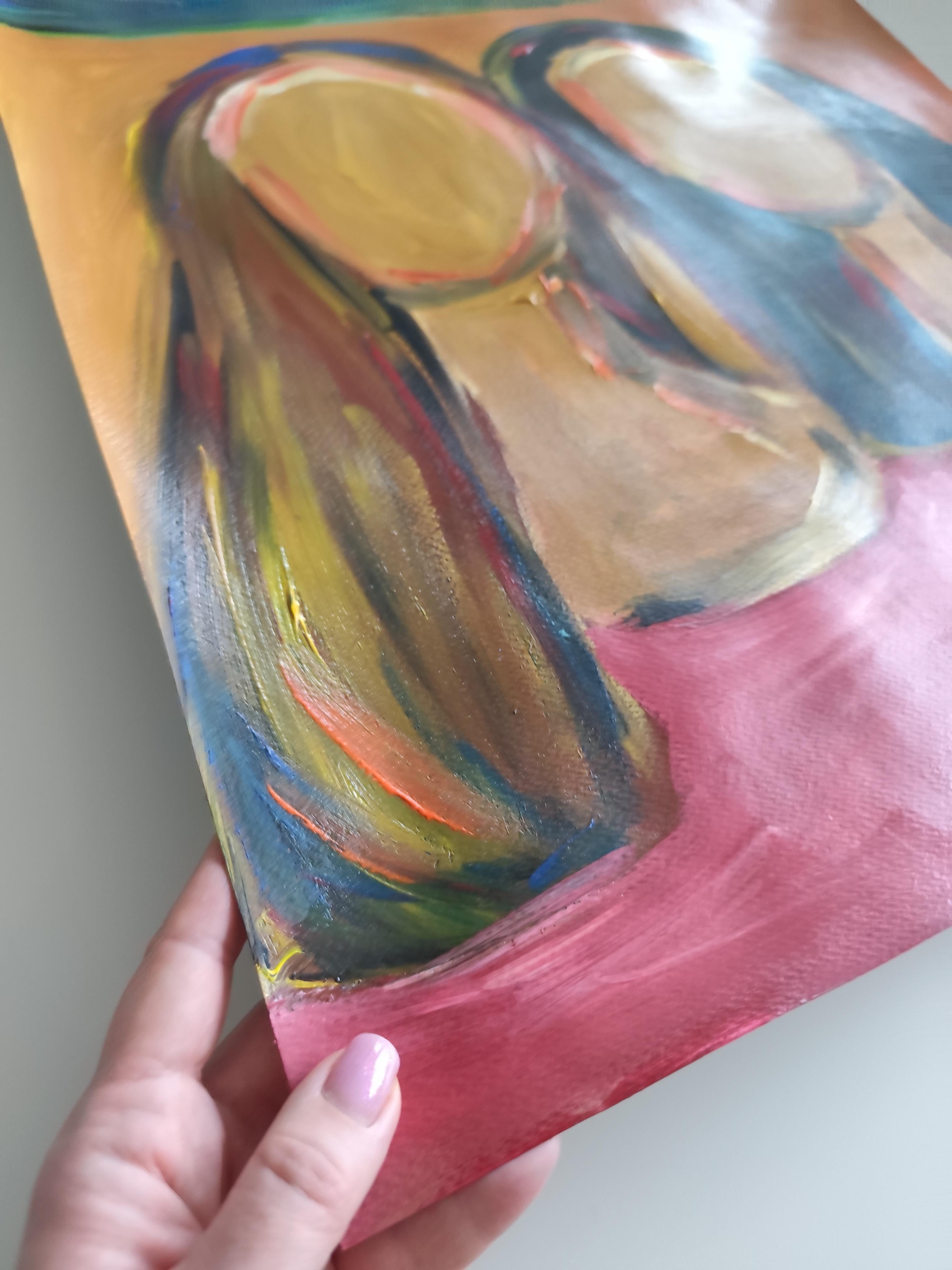 Retrato contemporáneo semiabstracto de mujer pintura acrílica sobre papel en venta 14