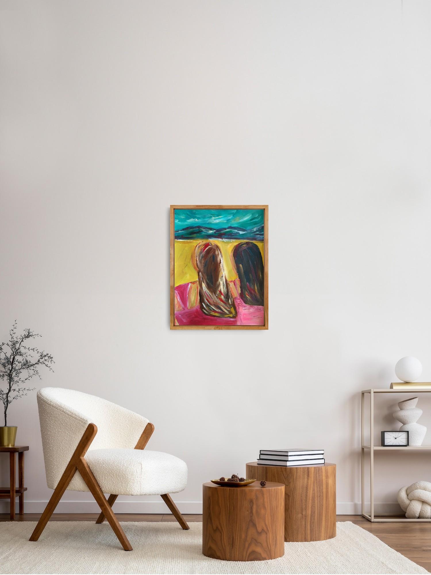 Contemporary semi-abstract portrait of women acrylic painting on paper - Abstract Impressionist Painting by Mougenot Natalya