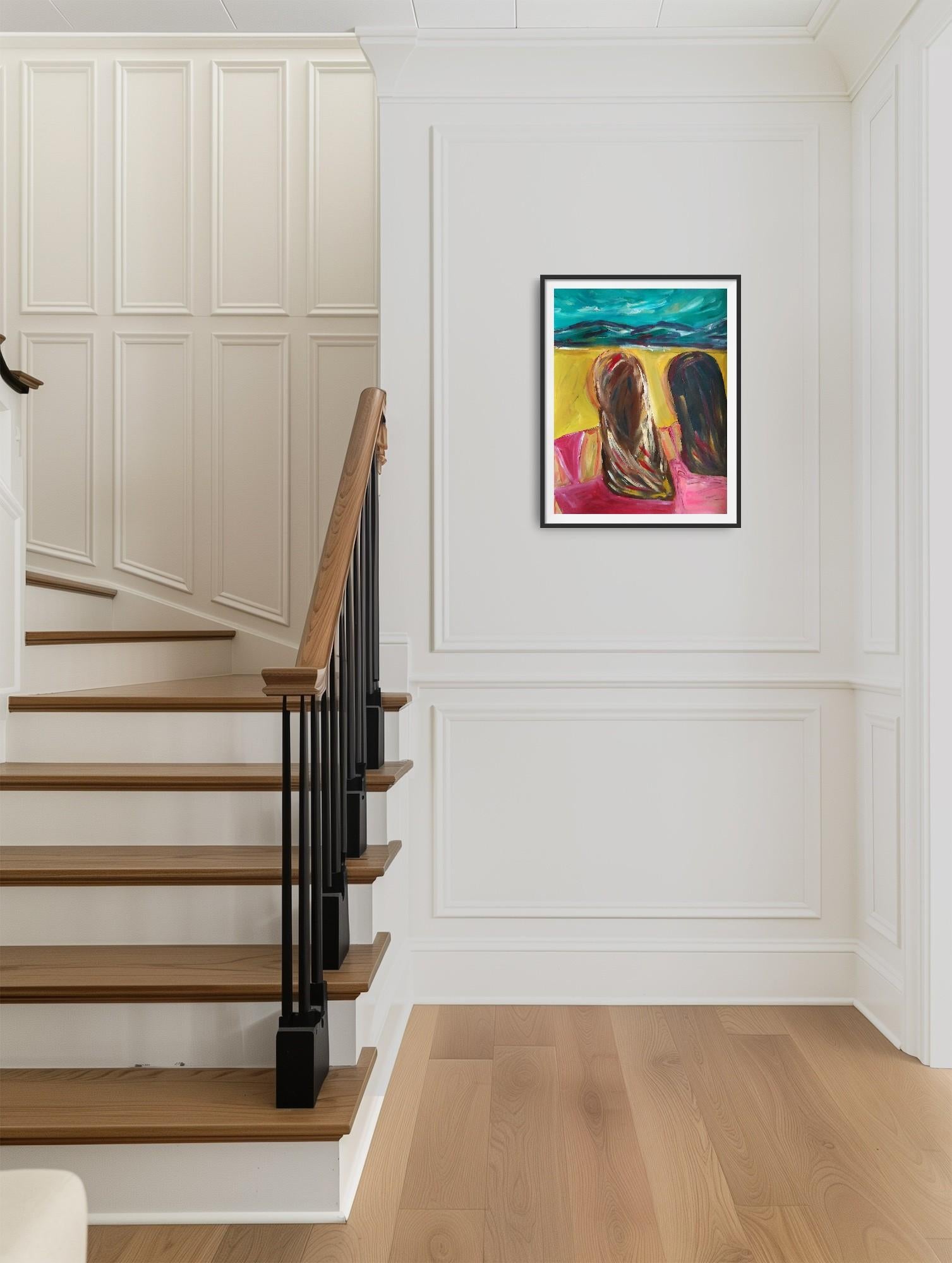 Contemporary semi-abstract portrait of women acrylic painting on paper For Sale 1