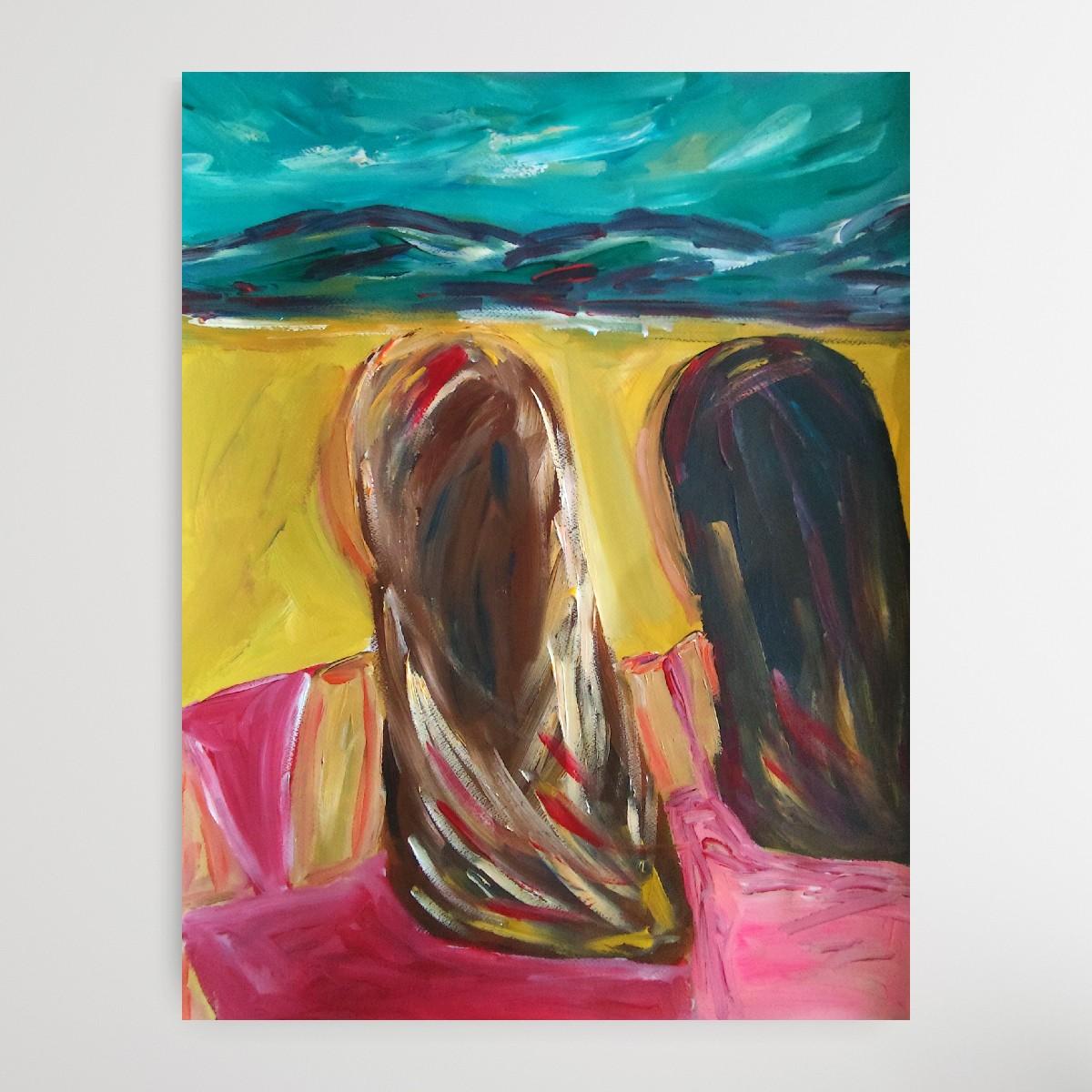Contemporary semi-abstract portrait of women acrylic painting on paper For Sale 3