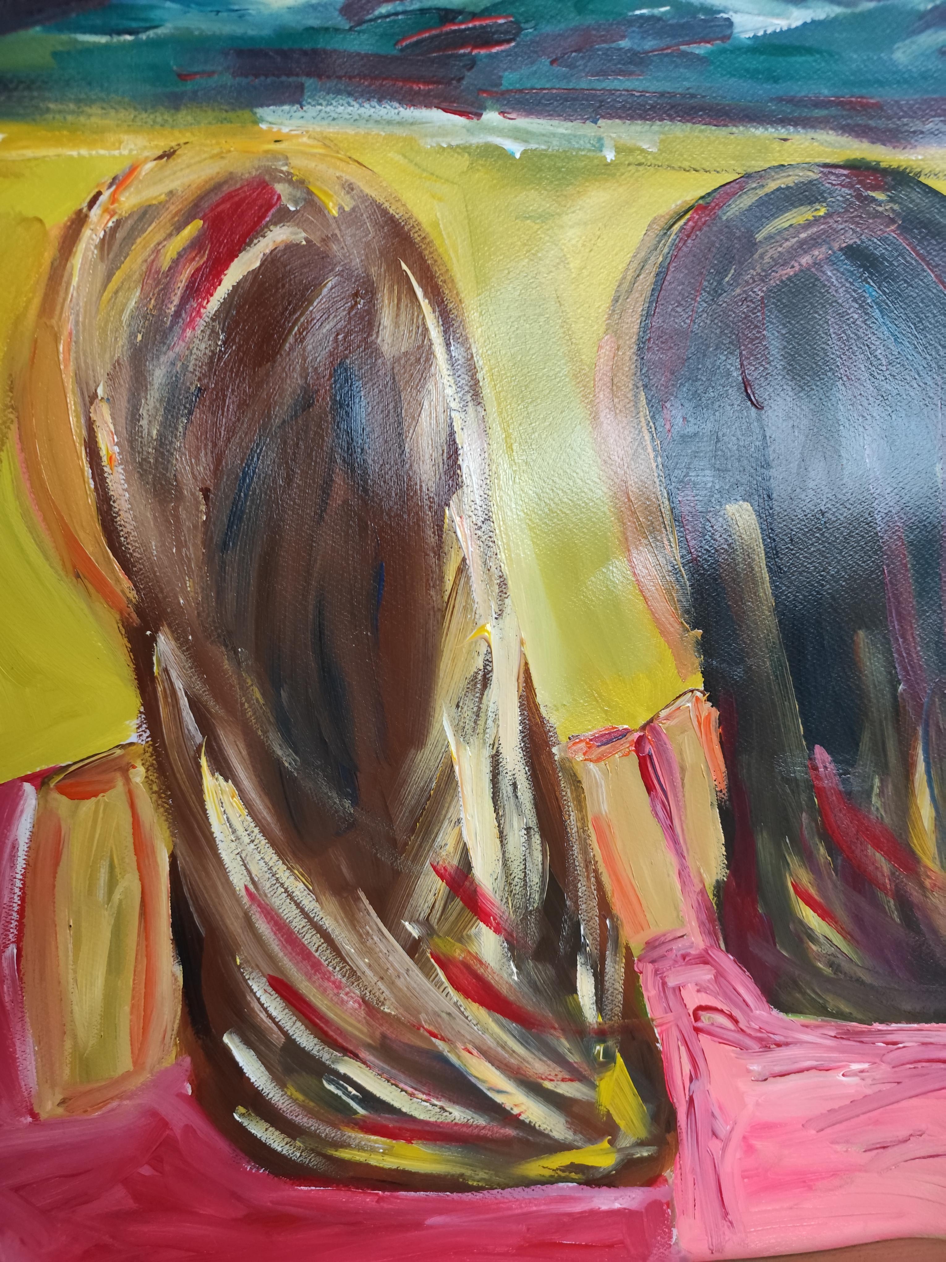 Contemporary semi-abstract portrait of women acrylic painting on paper For Sale 4