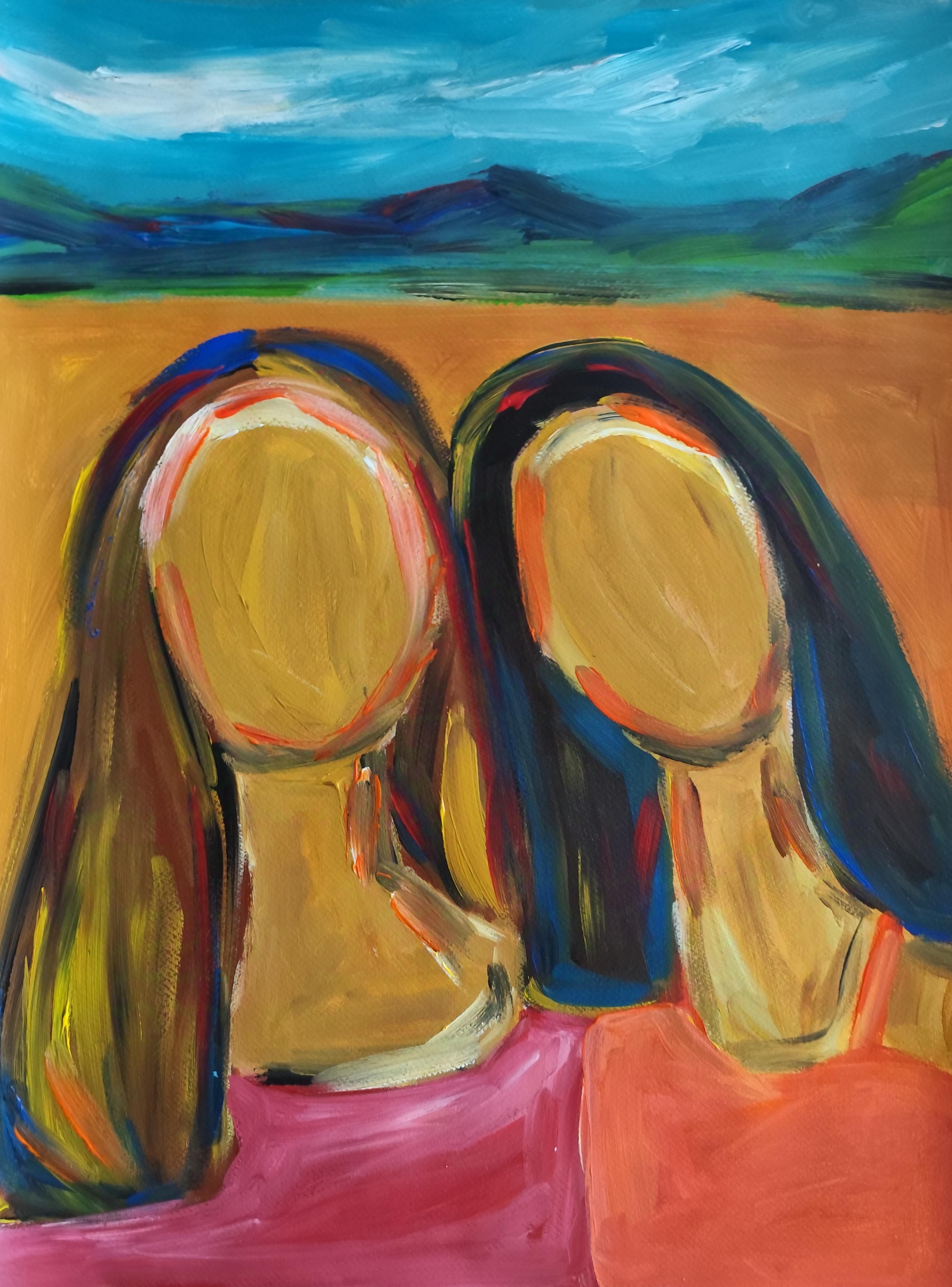Figurative Painting de Mougenot Natalya - Retrato contemporáneo semiabstracto de mujer pintura acrílica sobre papel