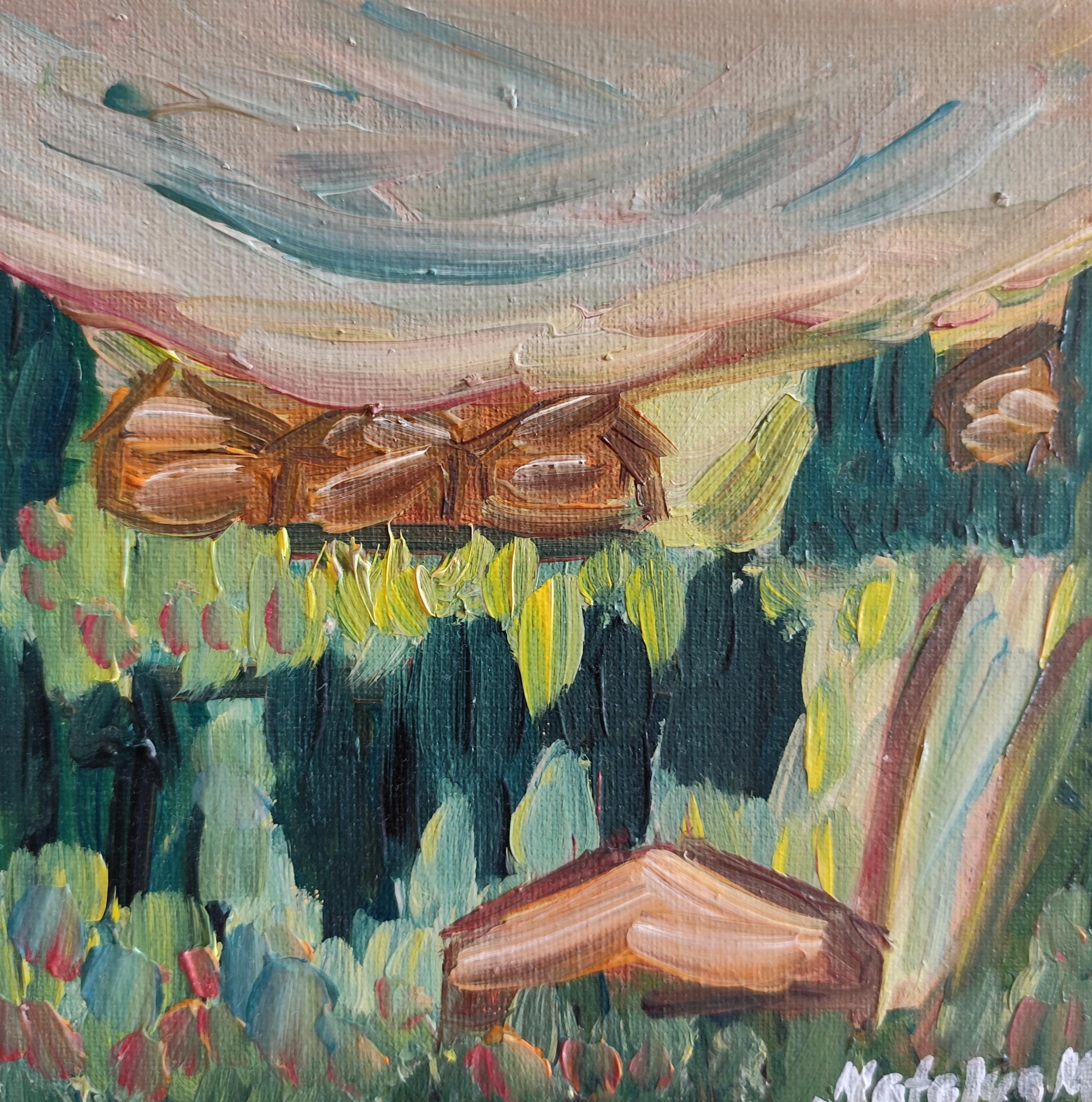 Landscape Painting di Mougenot Natalya - Quadro semi-astratto contemporaneo ad olio su tela "Nature hides home".