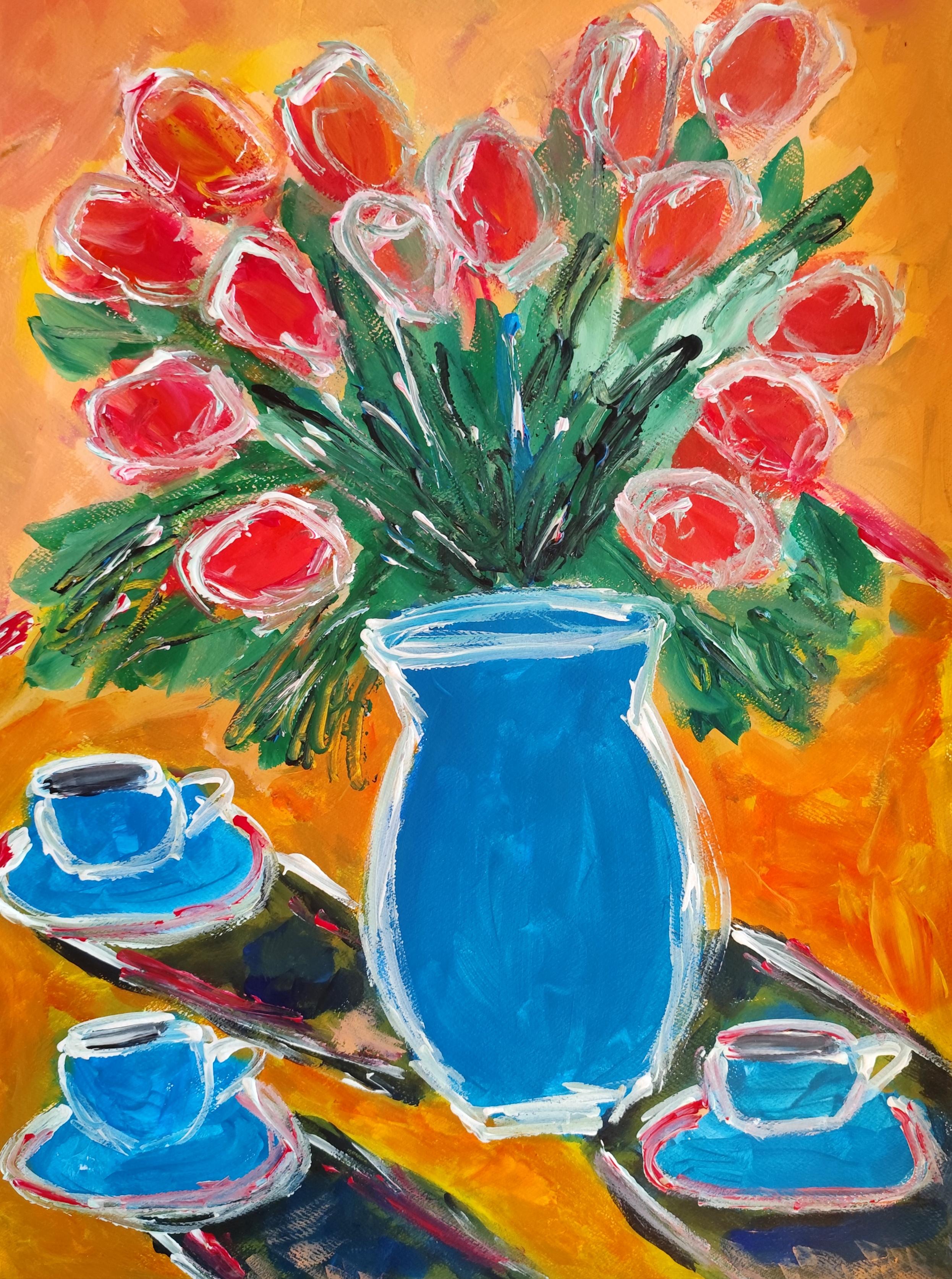 Contemporary still-life acrylic painting on paper " Morning coffee with tulips"
