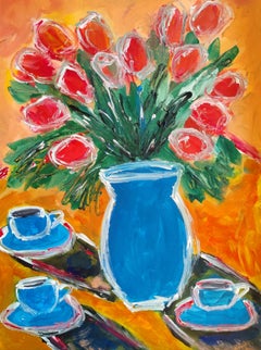 Contemporary still-life acrylic painting on paper " Morning coffee with tulips"