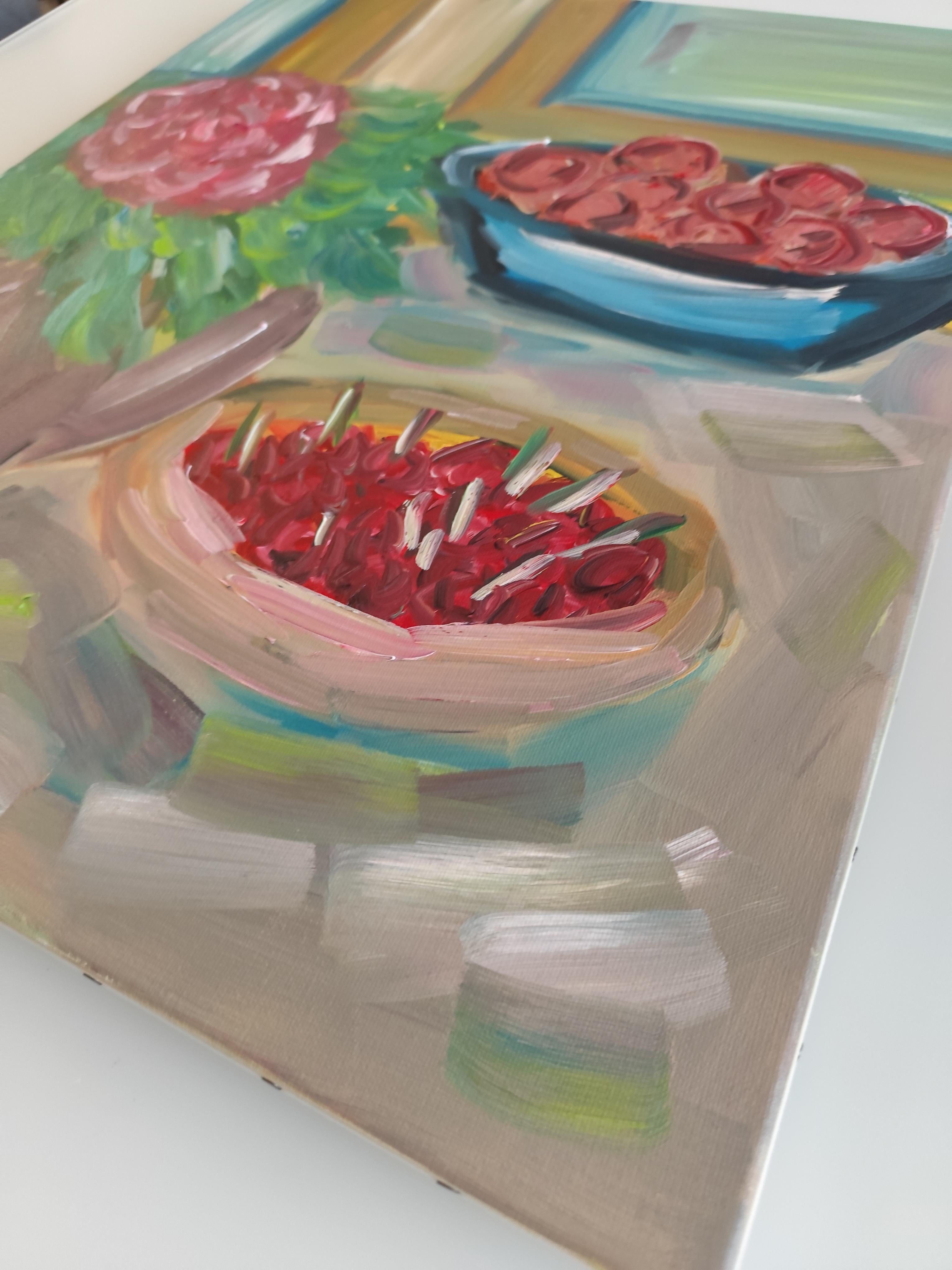 Natura morta contemporanea impressionista di frutta floreale dipinta ad olio su tela in vendita 5