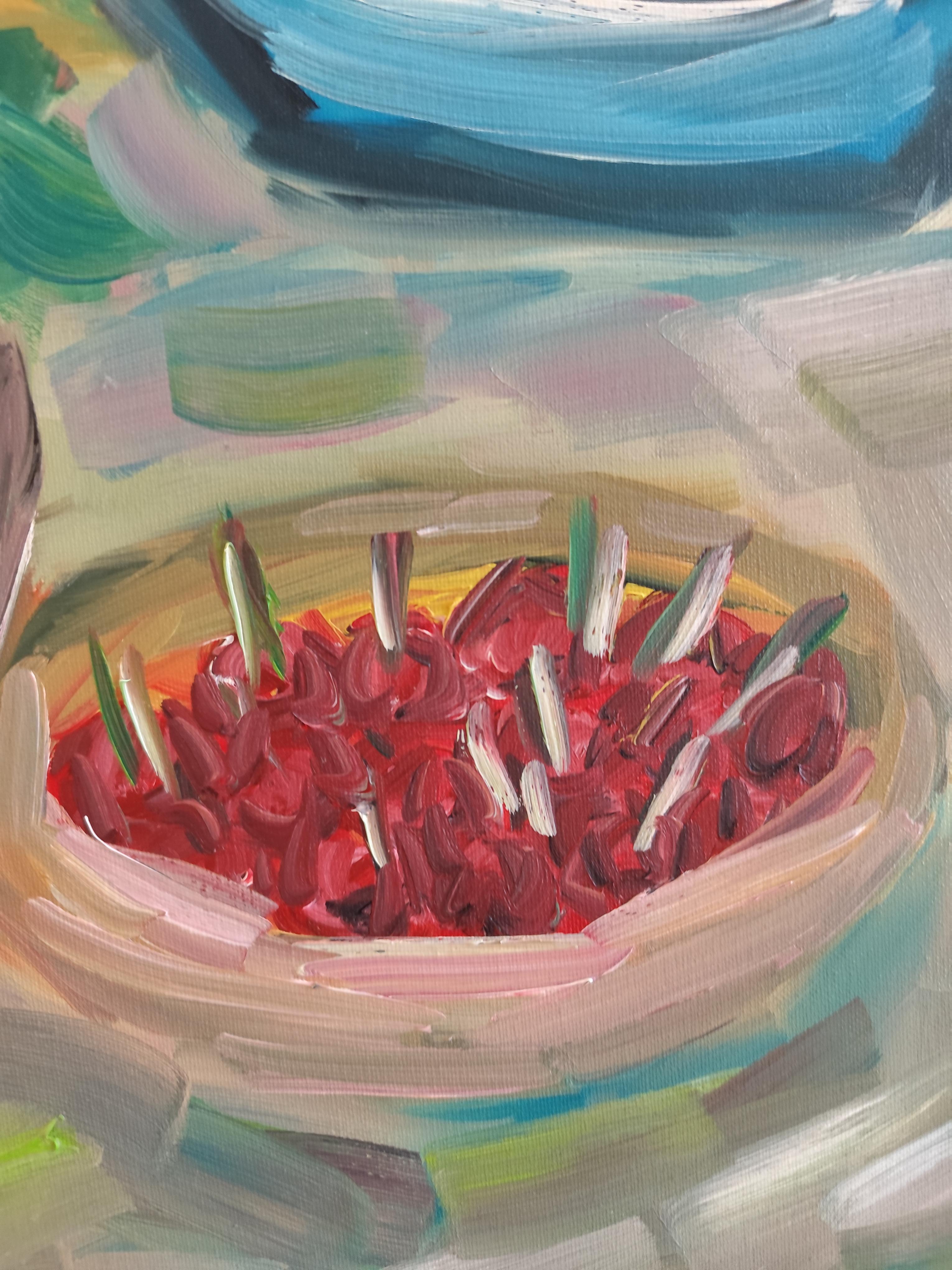 Natura morta contemporanea impressionista di frutta floreale dipinta ad olio su tela in vendita 7