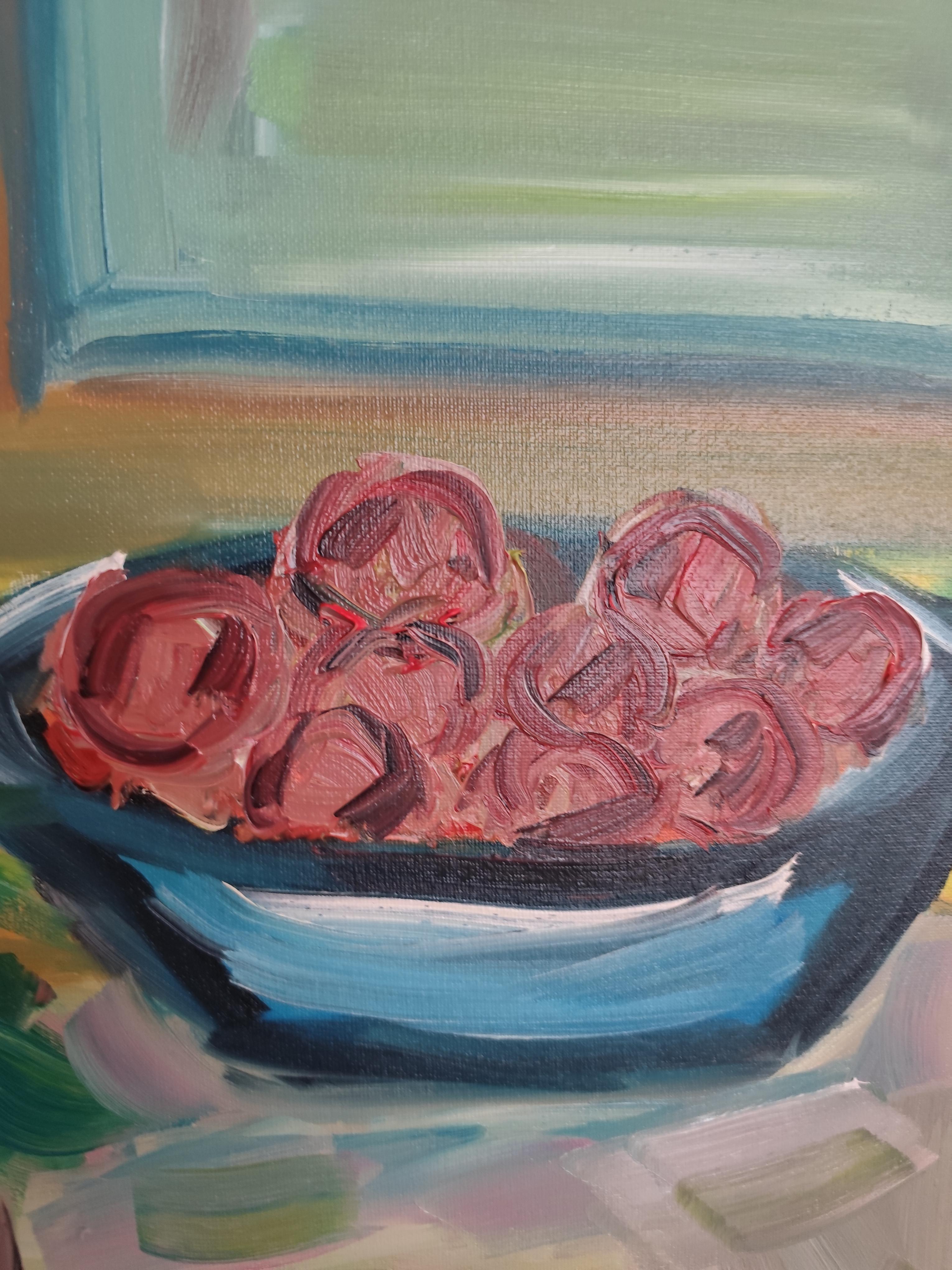 Natura morta contemporanea impressionista di frutta floreale dipinta ad olio su tela in vendita 12