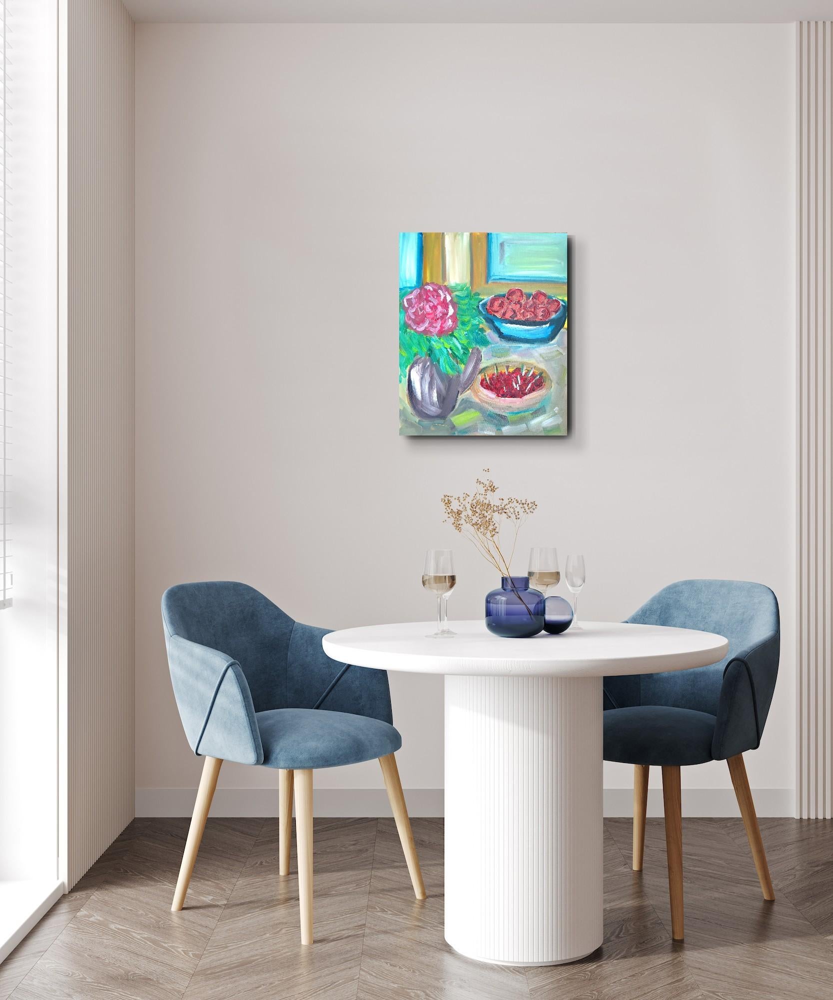Natura morta contemporanea impressionista di frutta floreale dipinta ad olio su tela - Painting di Mougenot Natalya