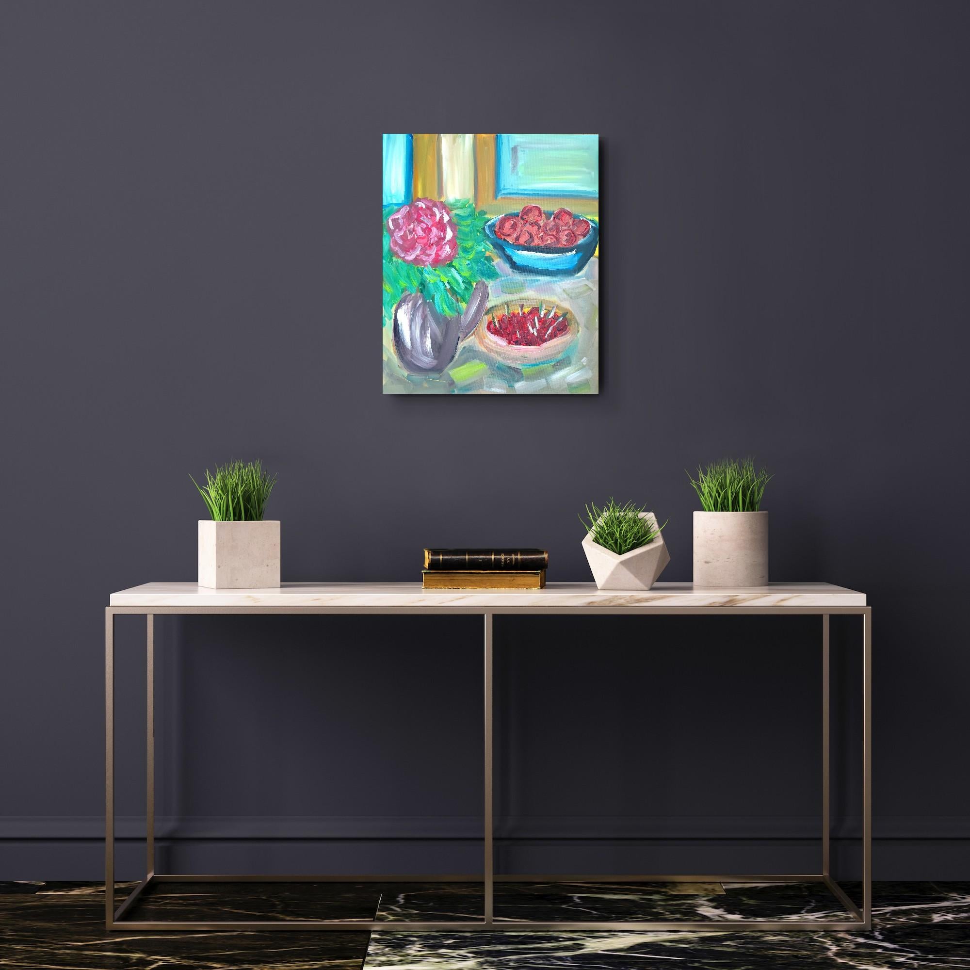 Natura morta contemporanea impressionista di frutta floreale dipinta ad olio su tela - Painting Impressionismo di Mougenot Natalya