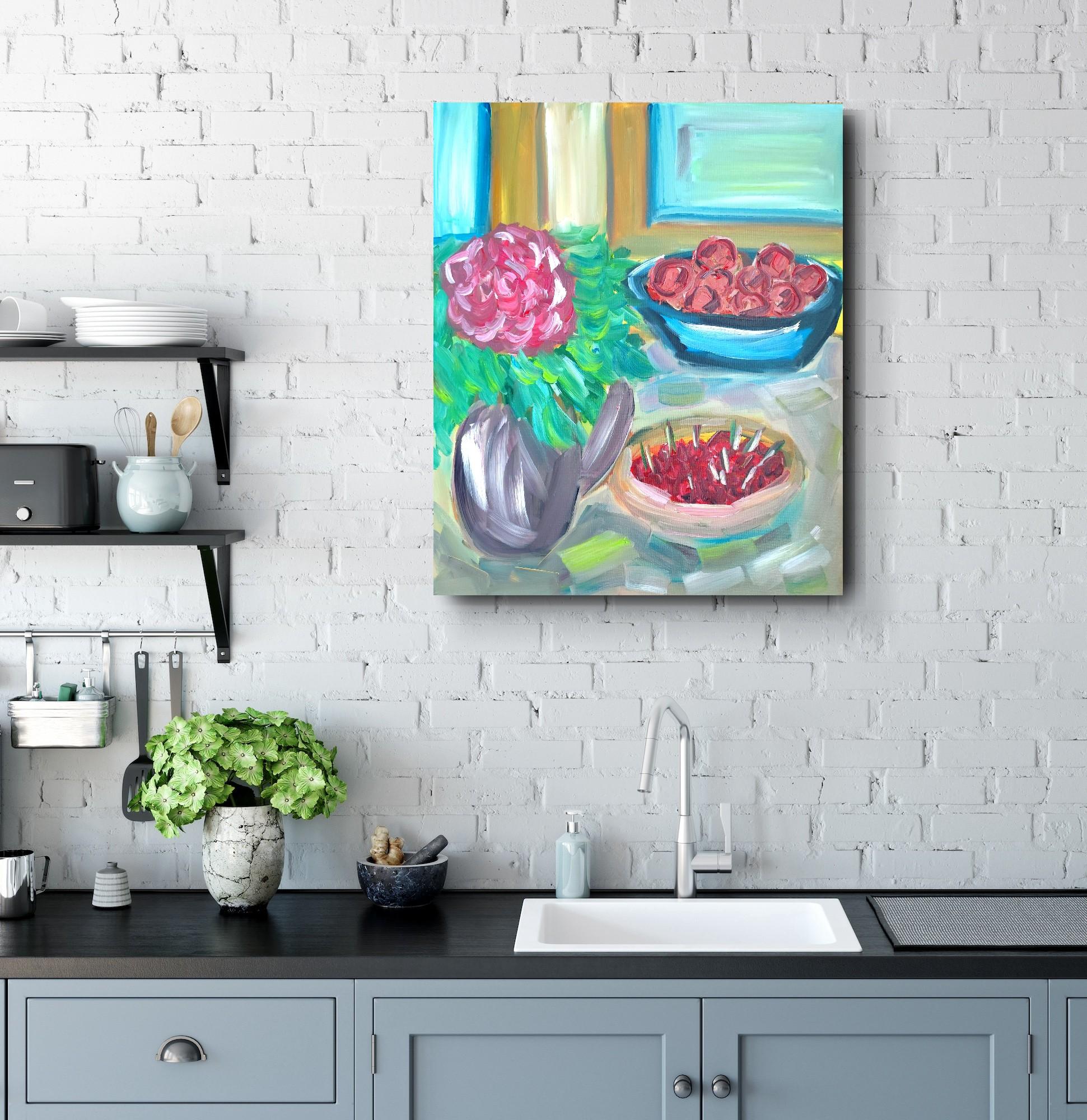 Natura morta contemporanea impressionista di frutta floreale dipinta ad olio su tela - Figurative Painting Grigio di Mougenot Natalya