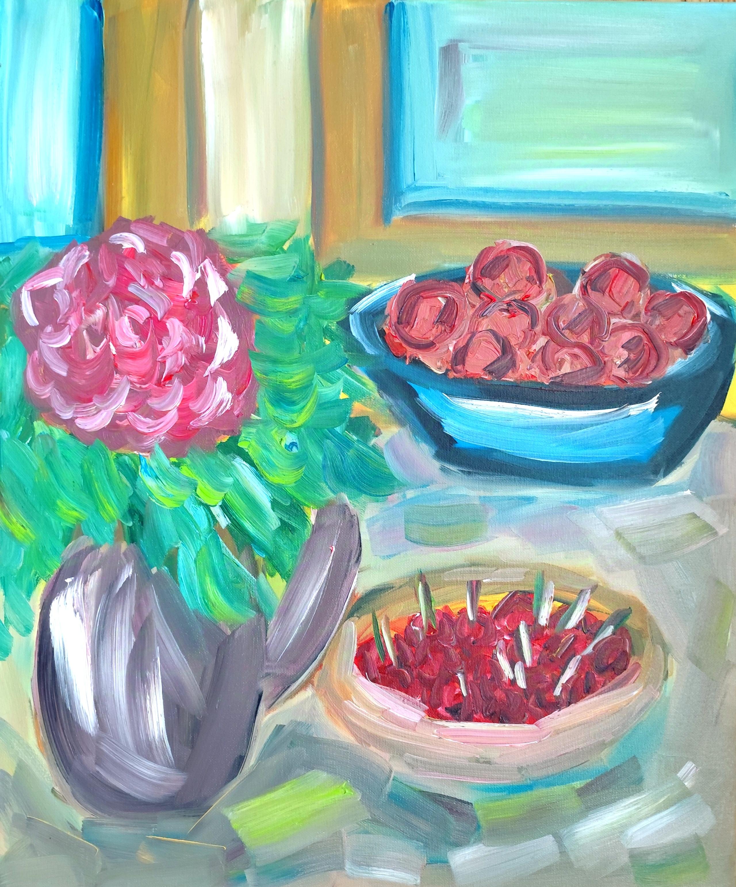 Figurative Painting di Mougenot Natalya - Natura morta contemporanea impressionista di frutta floreale dipinta ad olio su tela