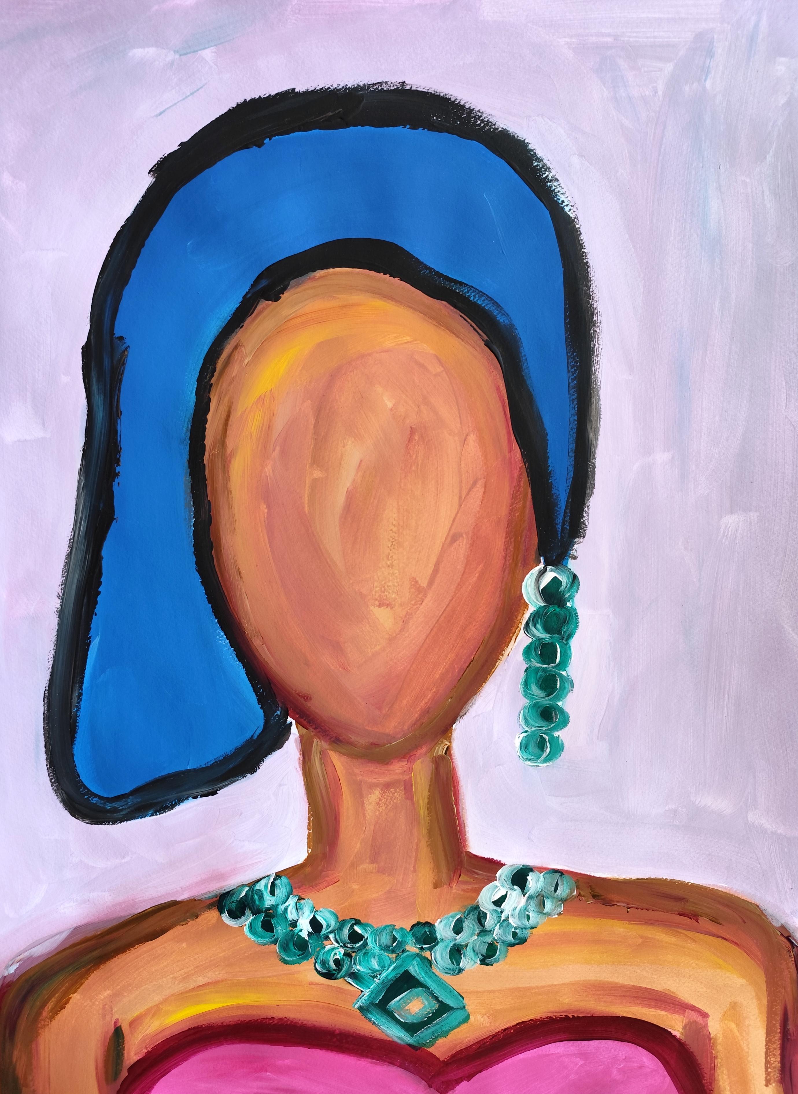 Mougenot Natalya Portrait Painting - Contemporary vivid abstract figurative woman
s faceless portrait "Emerald Grace"