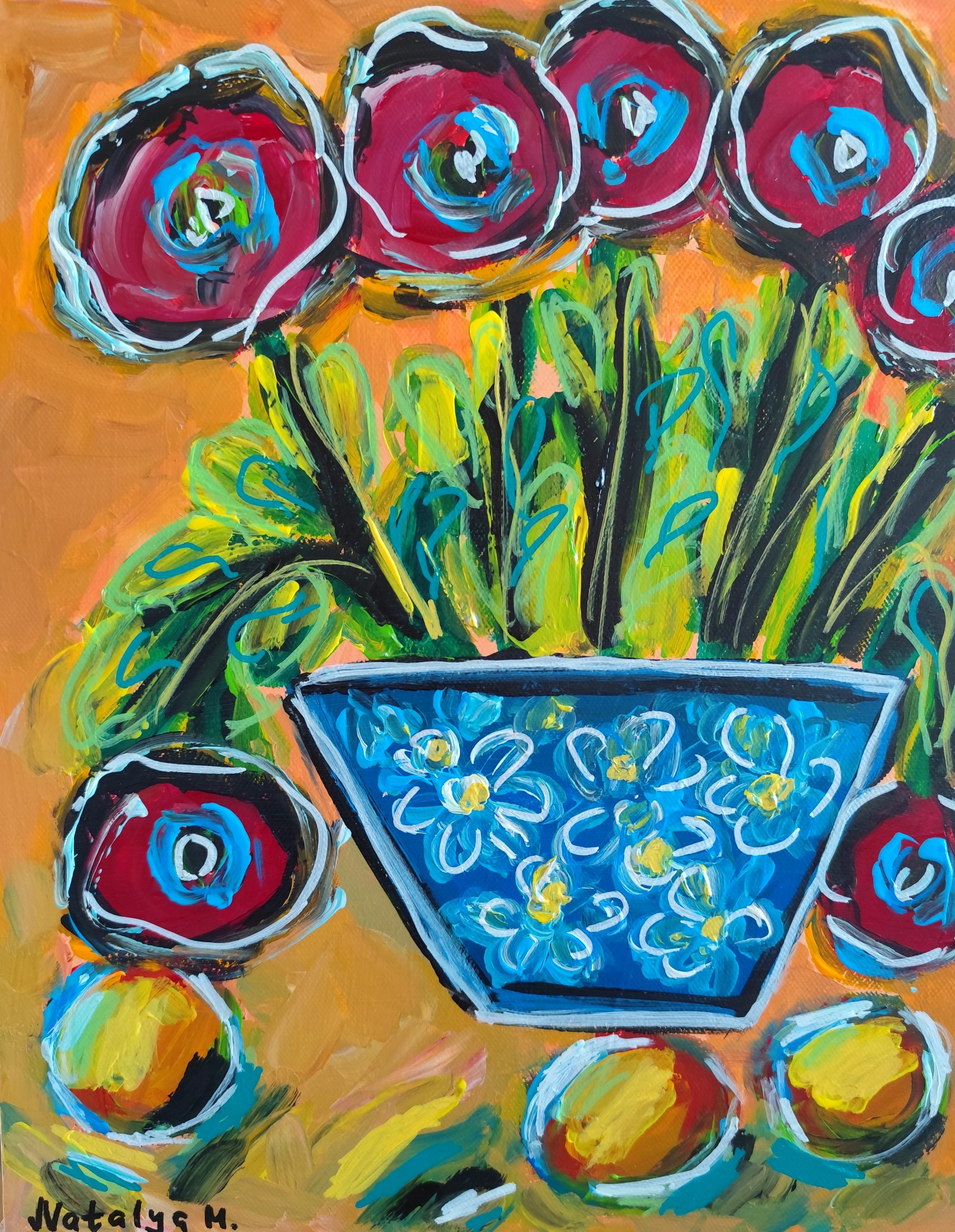 Contemporary vivid still-life fruit painting on canvas "Poppies and apples"