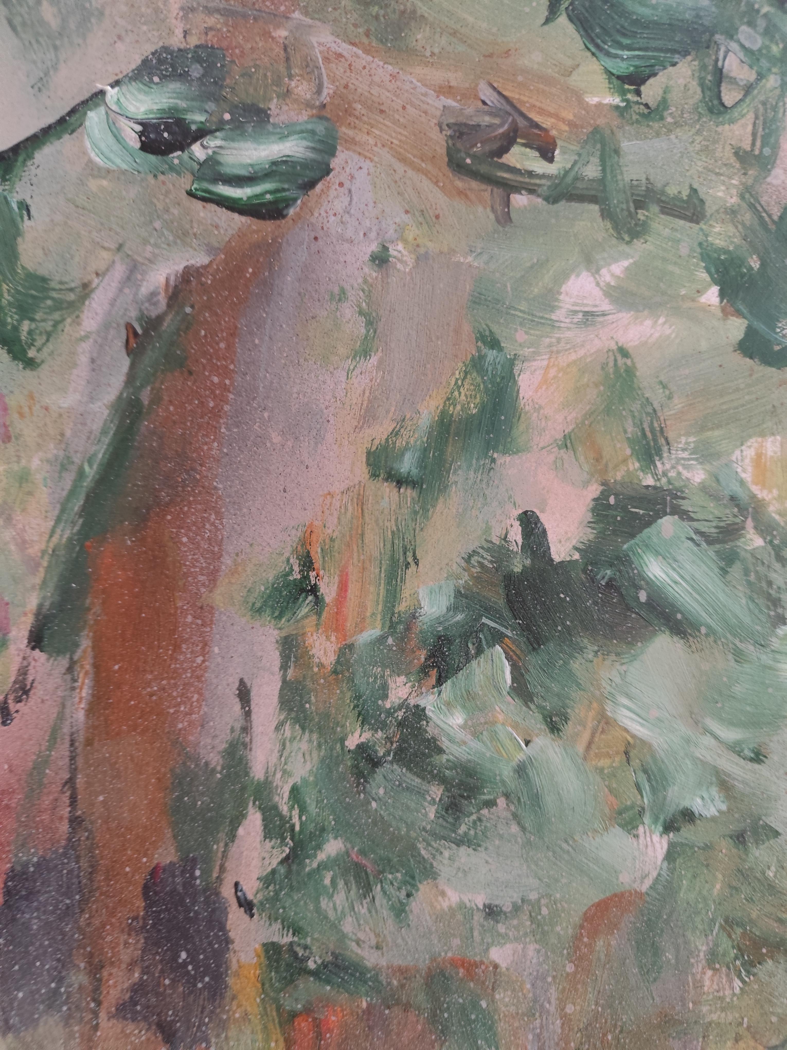 Pintura acrílica sobre papel abstracta impresionista de la naturaleza del bosque 