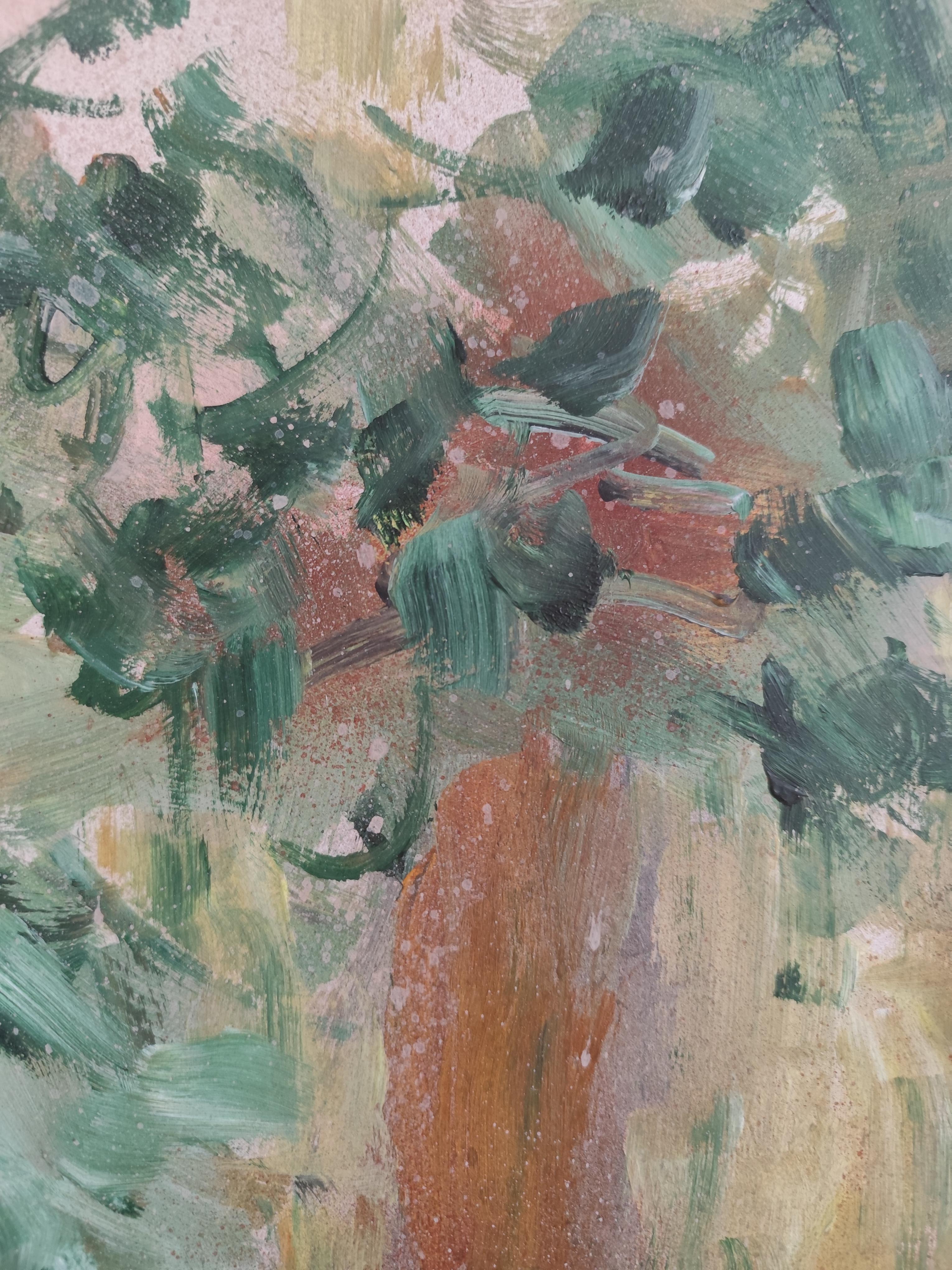 Pintura acrílica sobre papel abstracta impresionista de la naturaleza del bosque 