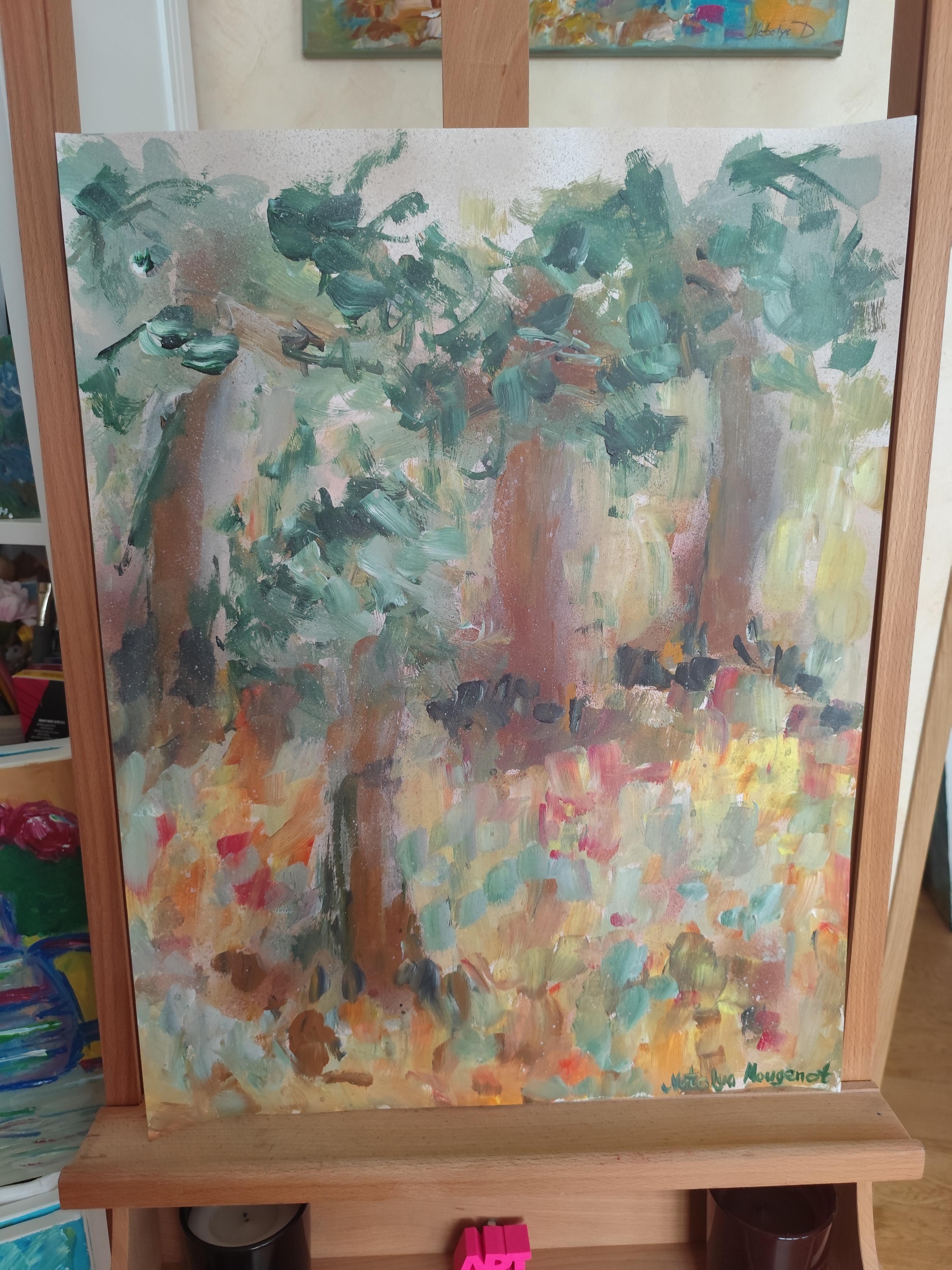 Pintura acrílica sobre papel abstracta impresionista de la naturaleza del bosque 