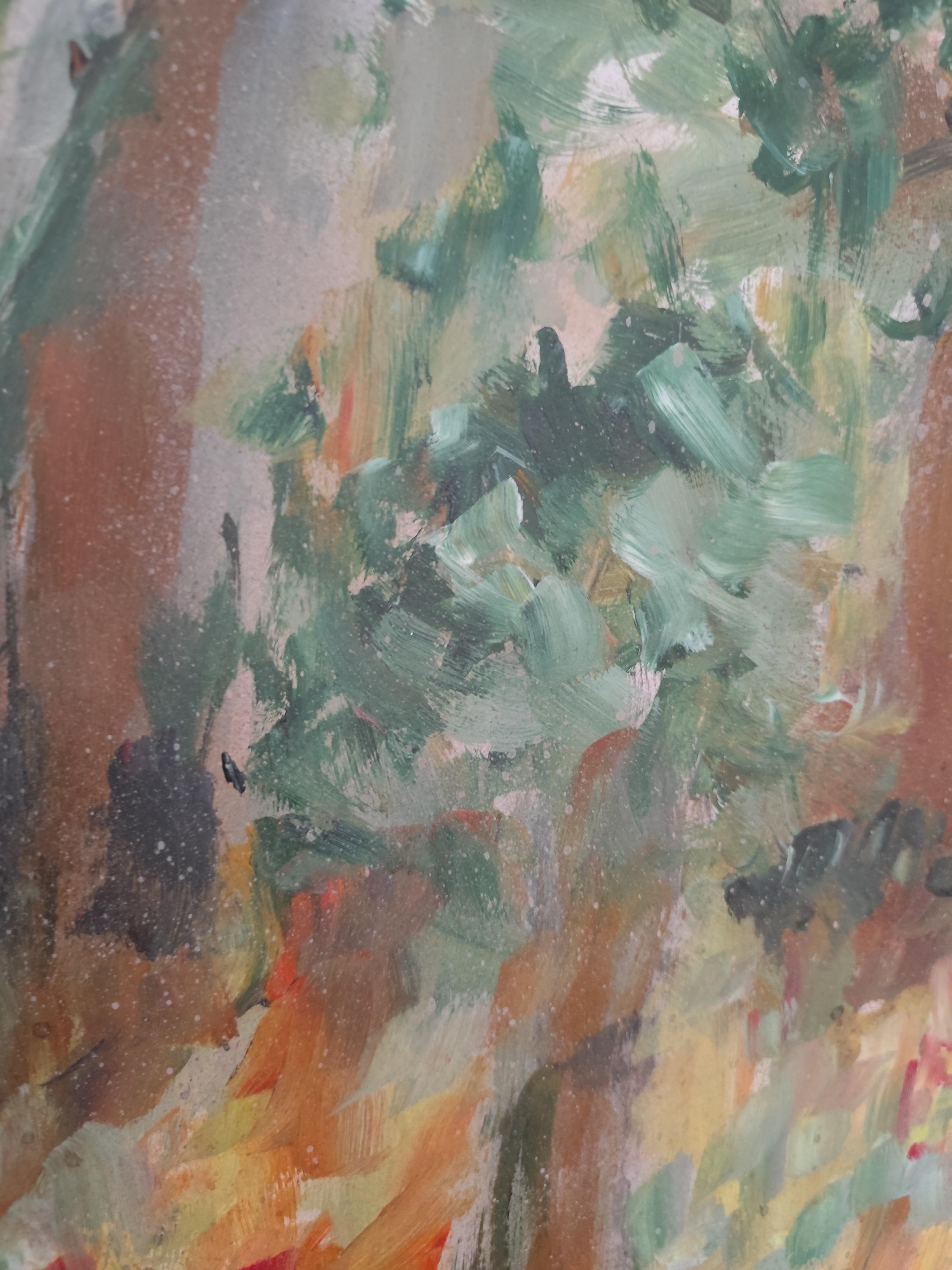 Pintura acrílica sobre papel abstracta impresionista de la naturaleza del bosque 