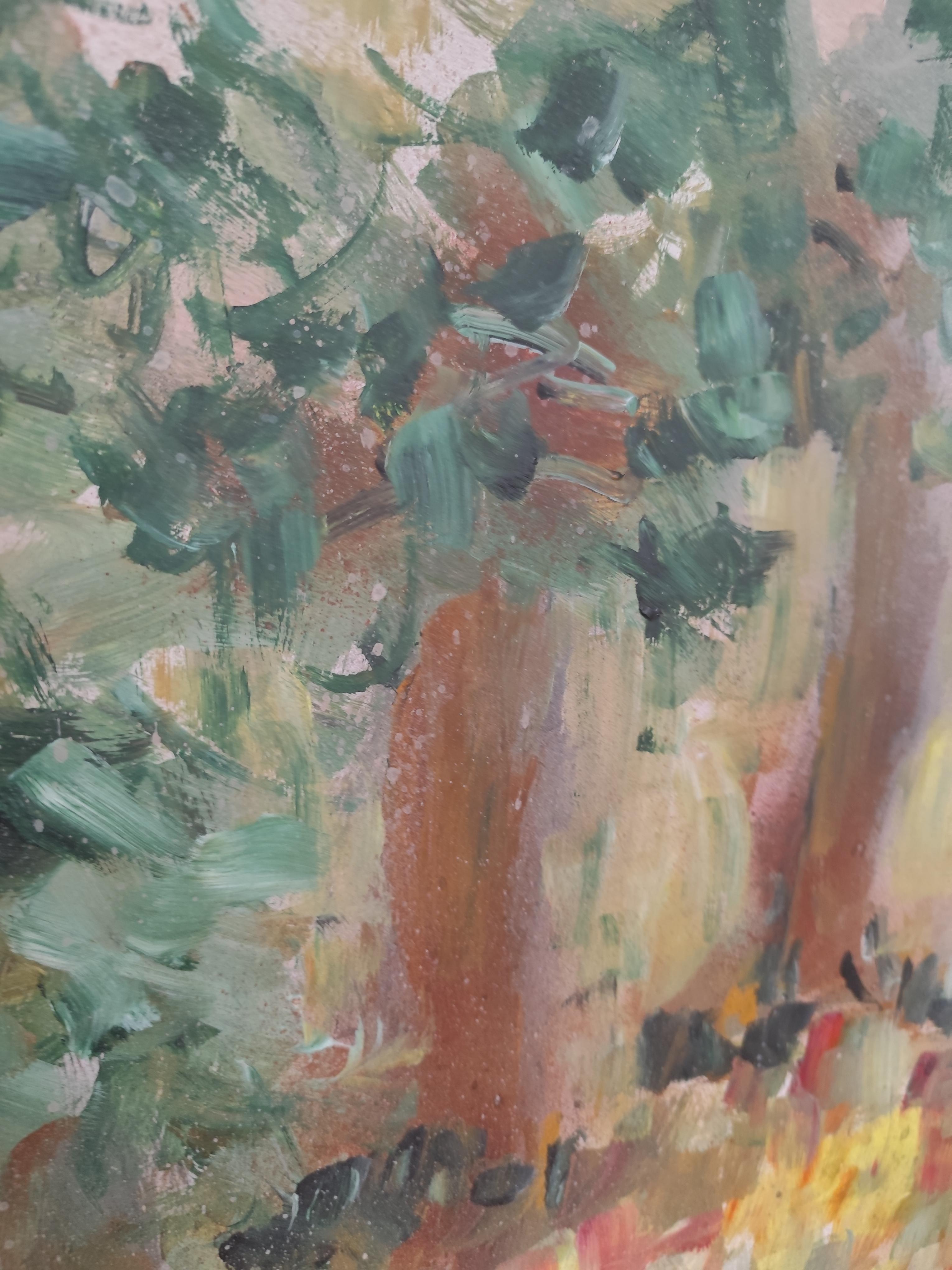 Pintura acrílica sobre papel abstracta impresionista de la naturaleza del bosque 