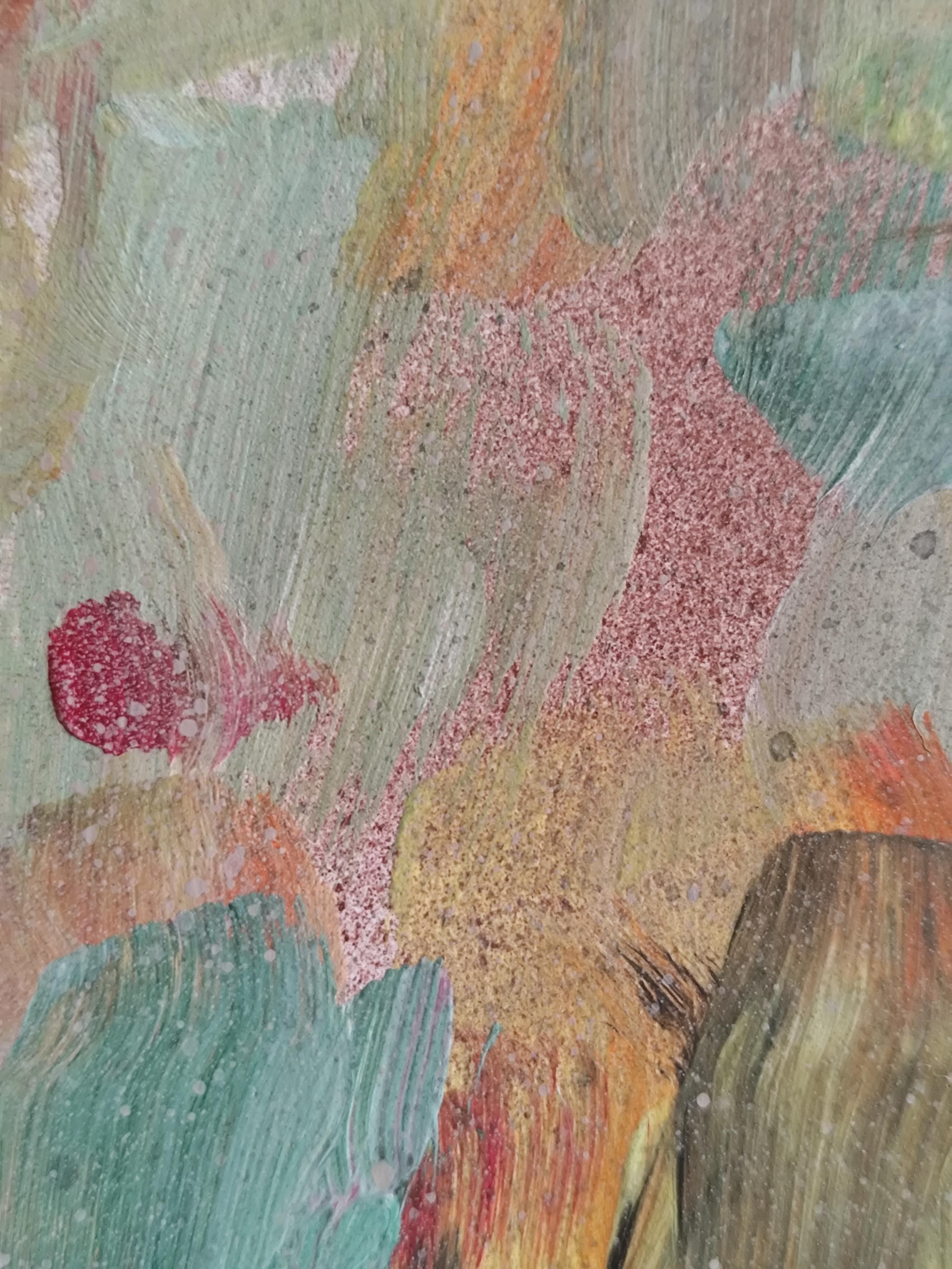 Pintura acrílica sobre papel abstracta impresionista de la naturaleza del bosque 