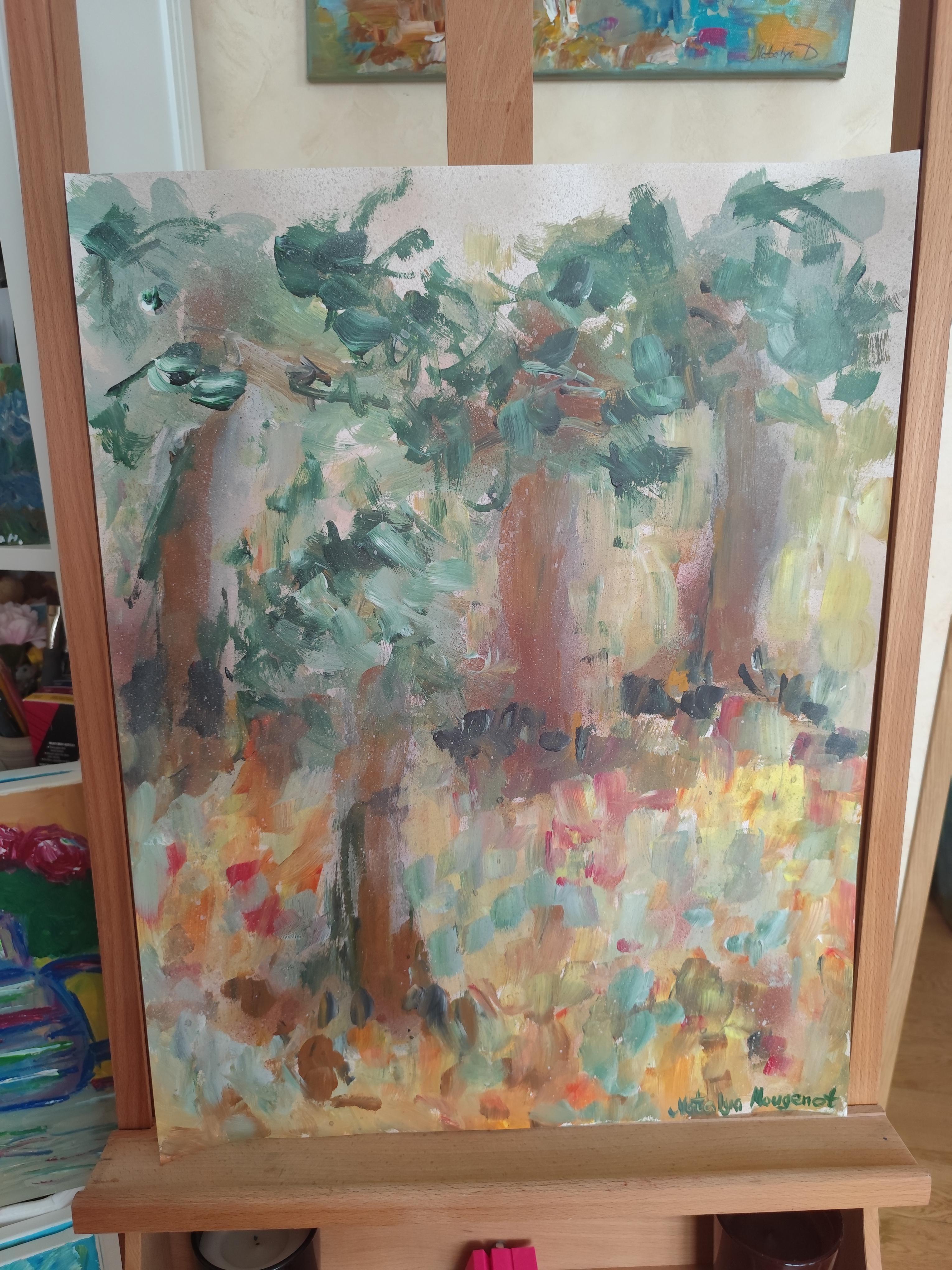 Pintura acrílica sobre papel abstracta impresionista de la naturaleza del bosque 