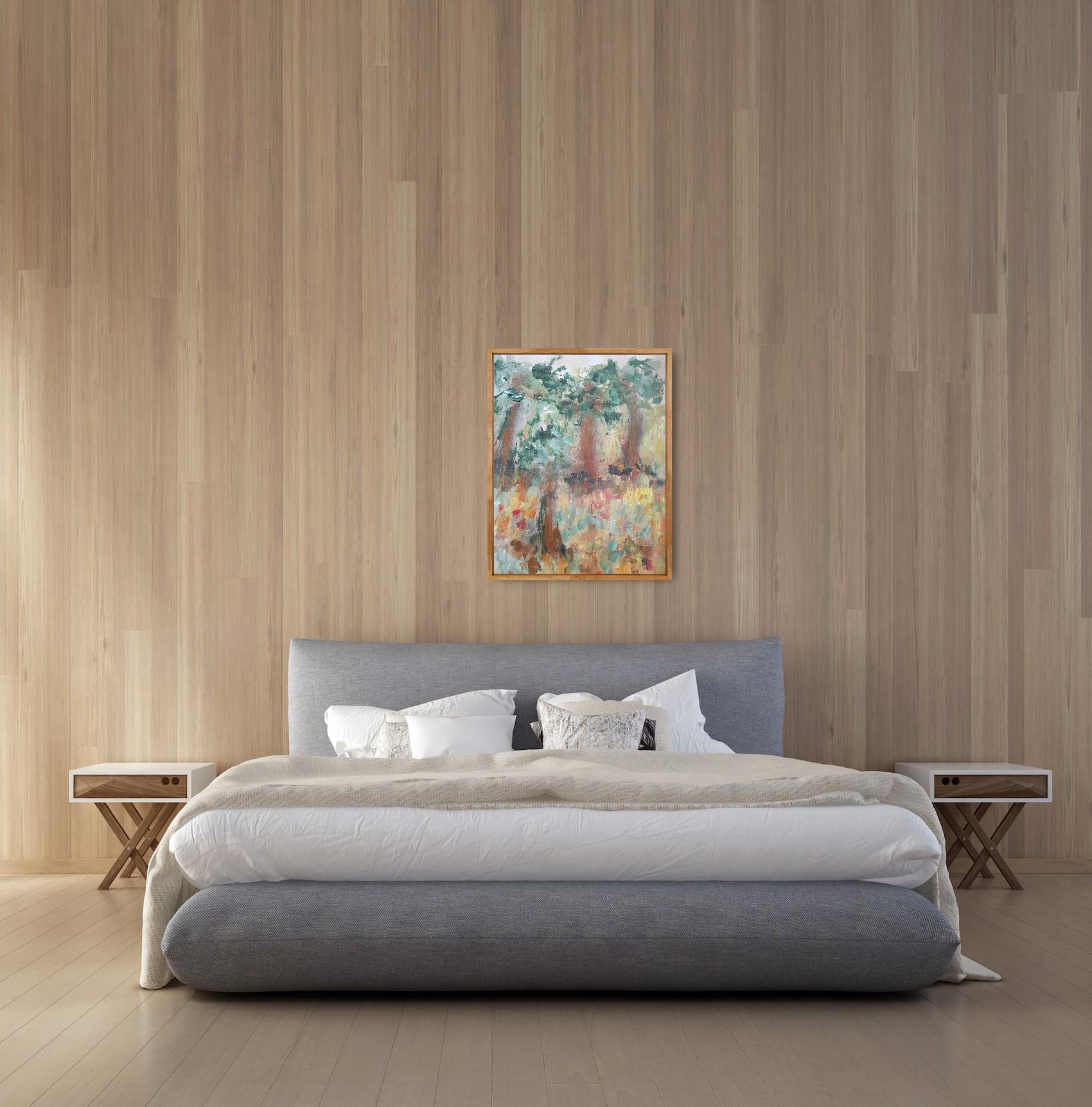 Pintura acrílica sobre papel abstracta impresionista de la naturaleza del bosque 